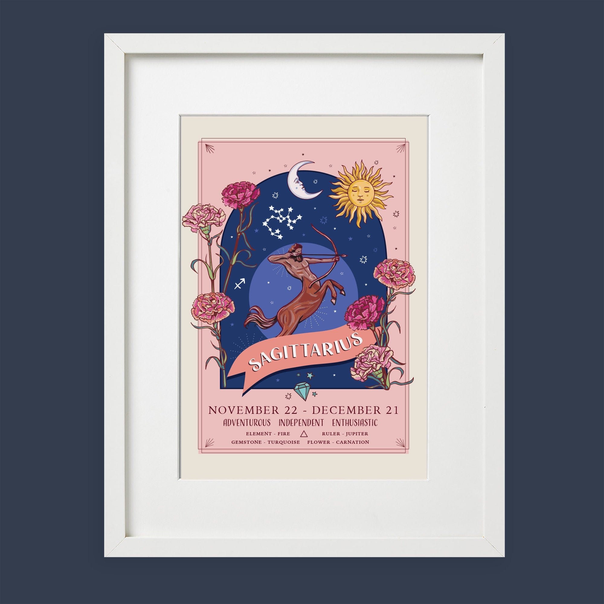 Sagittarius Wall Art Print, Zodiac Sign and Flowers Illustration Print