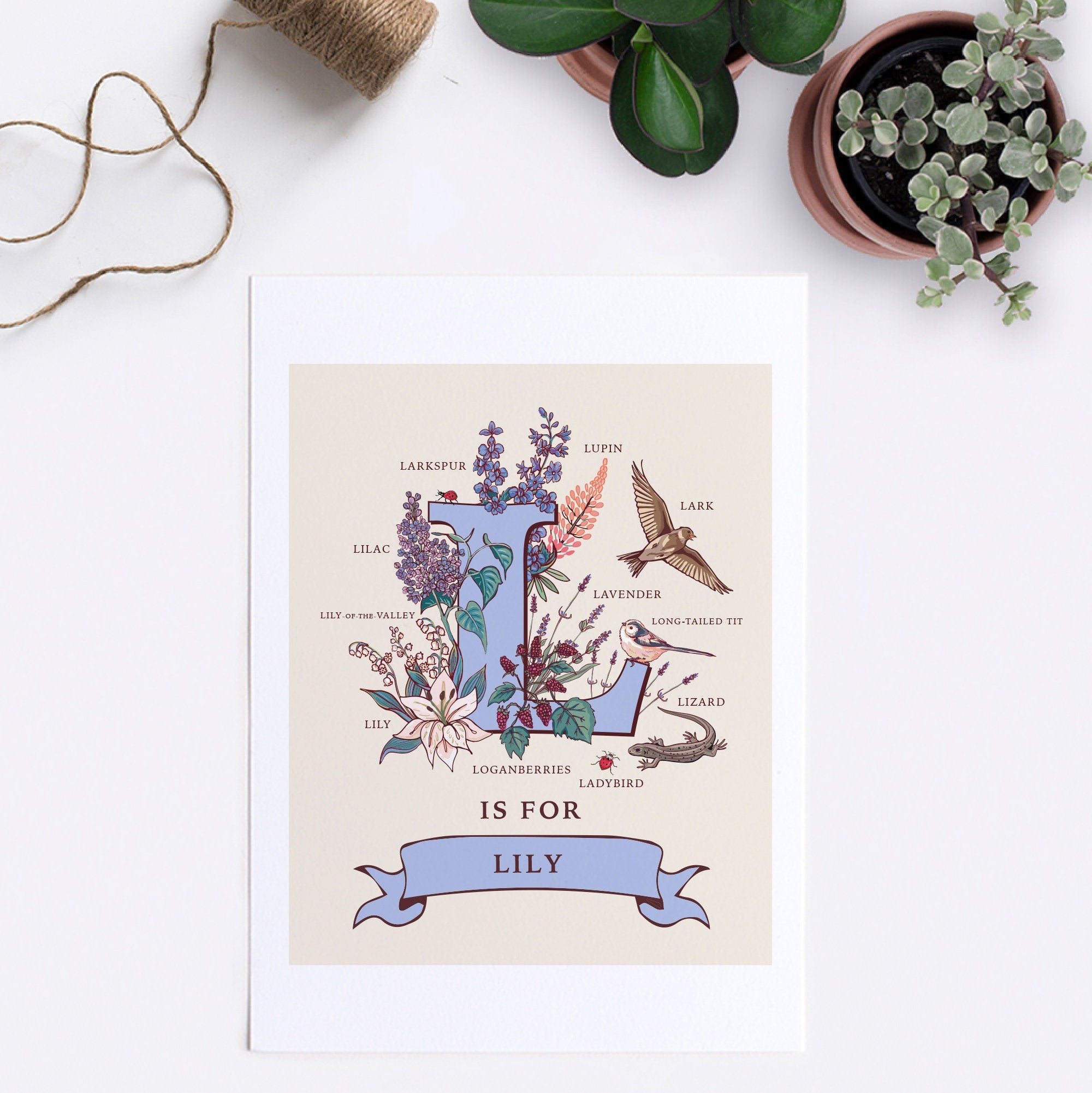 L- Personalised Letter L Print, Initial L Wall Art, Nature Guide Monogram Illustration