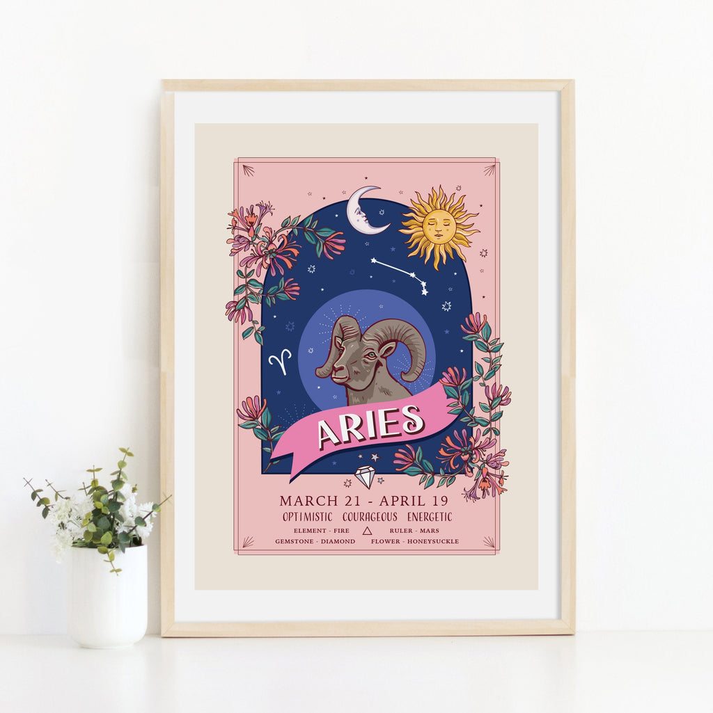 Aries Wall Art Print, Zodiac Sign and Flowers Illustration Print