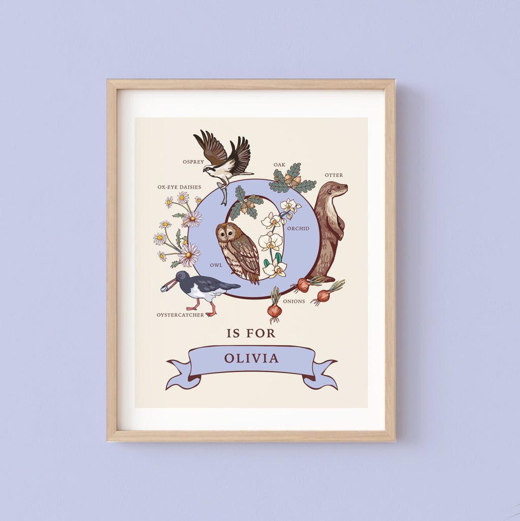 O - Personalised Letter O Print, Initial O Wall Art, Nature Guide Monogram Illustration
