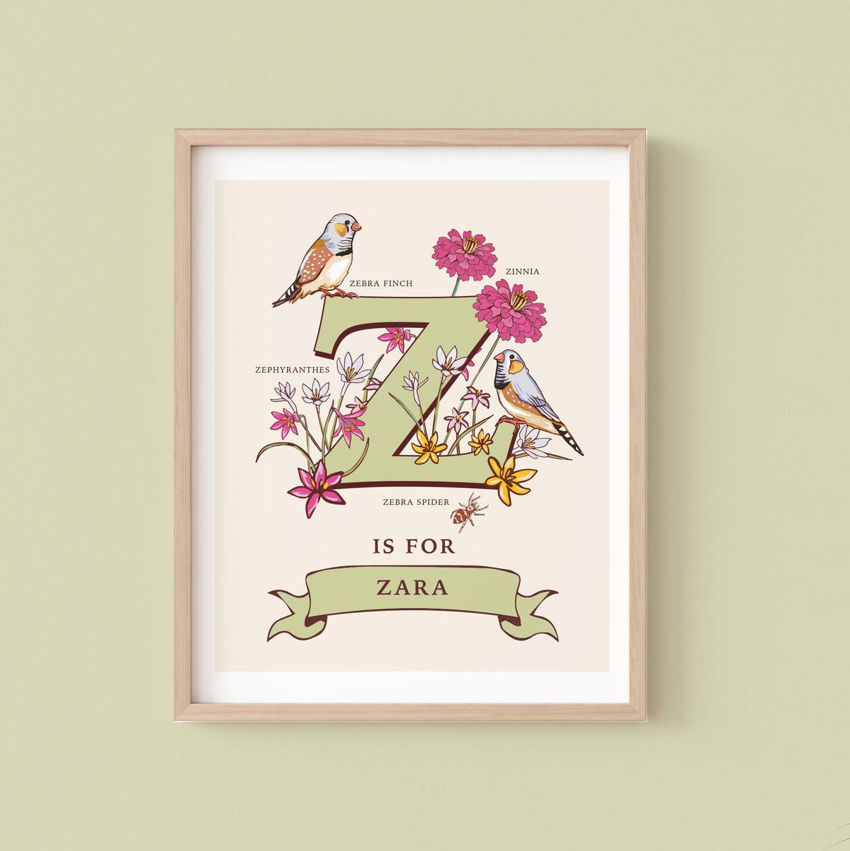 Z - Personalised Letter Z Print, Initial Z Wall Art, Nature Guide Monogram Illustration