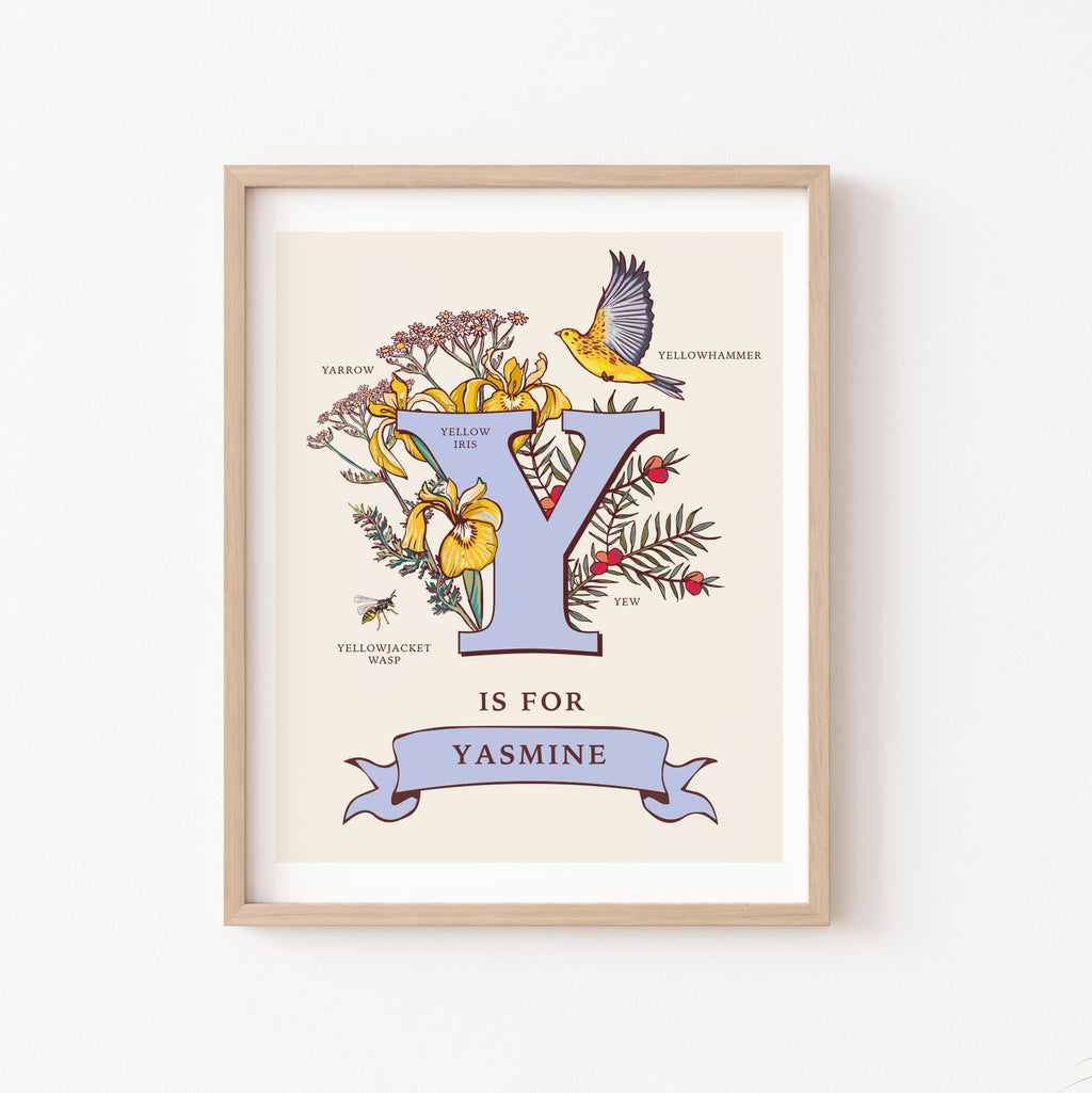 Y - Personalised Letter Y Print, Initial Y Wall Art, Nature Guide Monogram Illustration