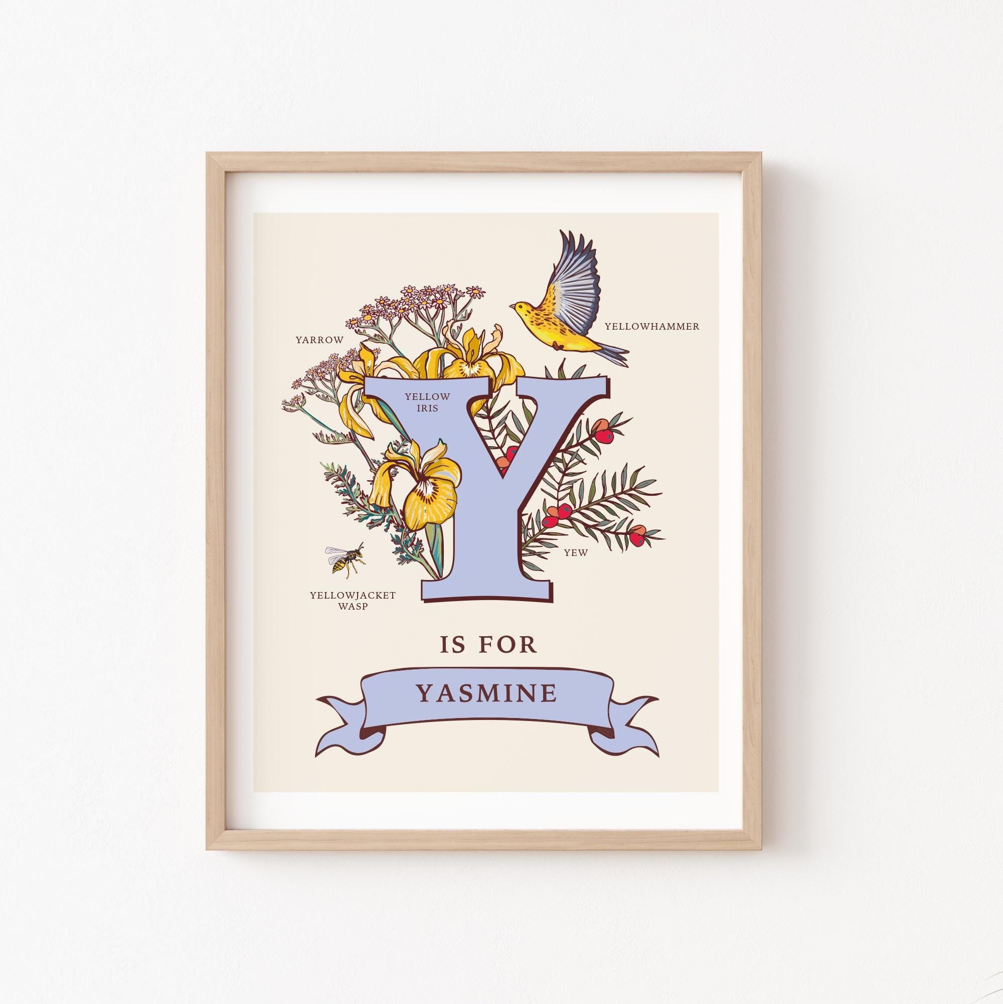 Y - Personalised Letter Y Print, Initial Y Wall Art, Nature Guide Monogram Illustration