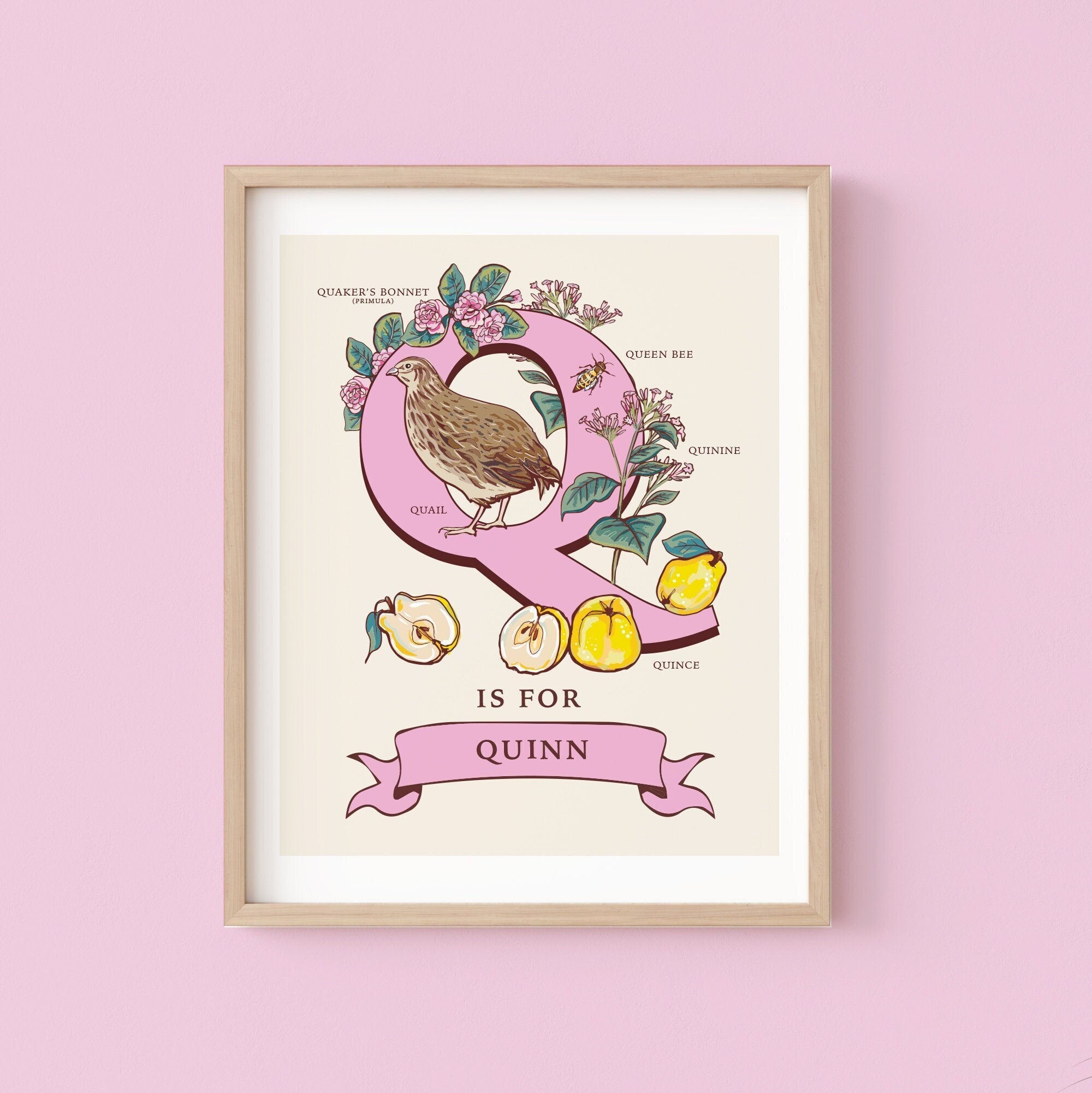 Q - Personalised Letter Q Print, Initial Q Wall Art, Nature Guide Monogram Illustration