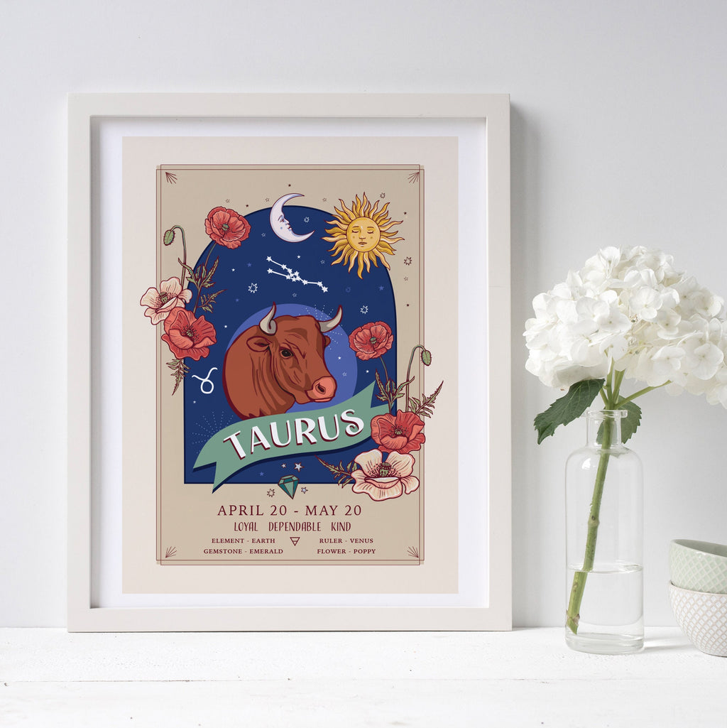 Taurus Wall Art Print, Zodiac Sign and Flowers Illustration Print
