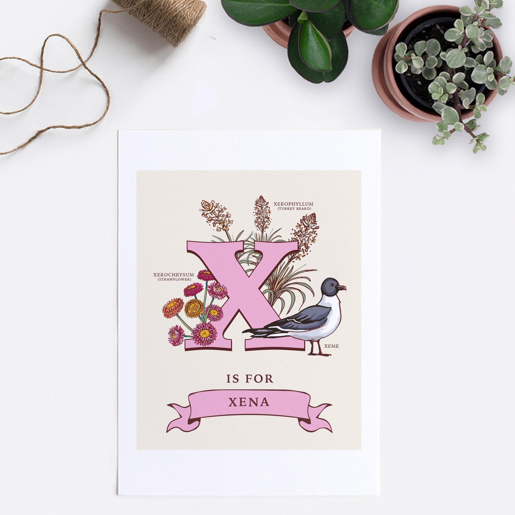 X - Personalised Letter X Print, Initial X Wall Art, Nature Guide Monogram Illustration