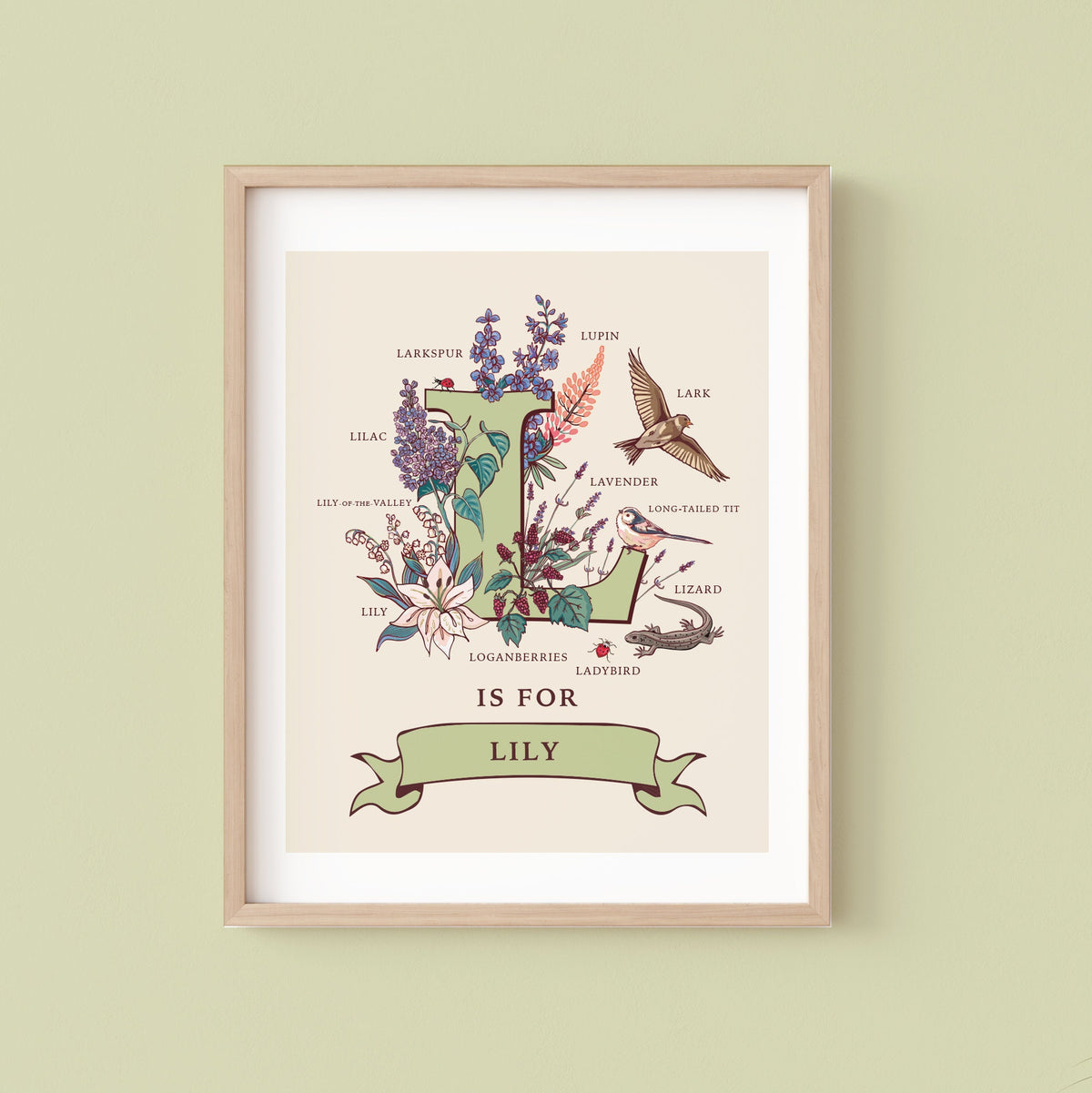 L- Personalised Letter L Print, Initial L Wall Art, Nature Guide Monogram Illustration