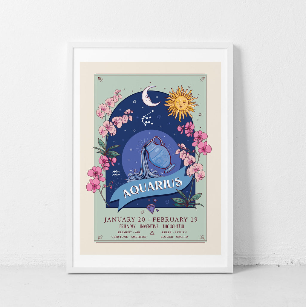 Aquarius Wall Art Print, Zodiac Sign and Flowers Illustration Print