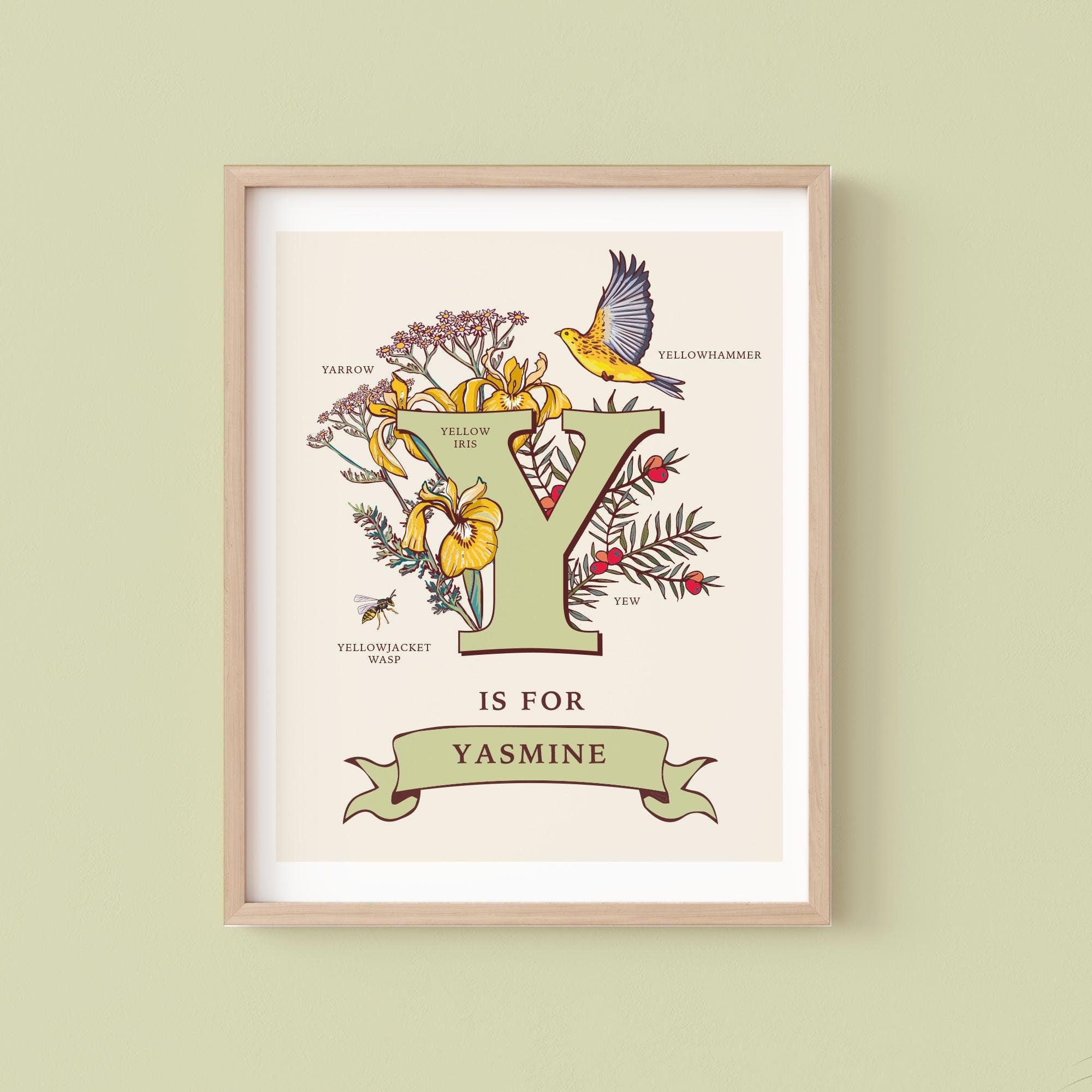 Y - Personalised Letter Y Print, Initial Y Wall Art, Nature Guide Monogram Illustration