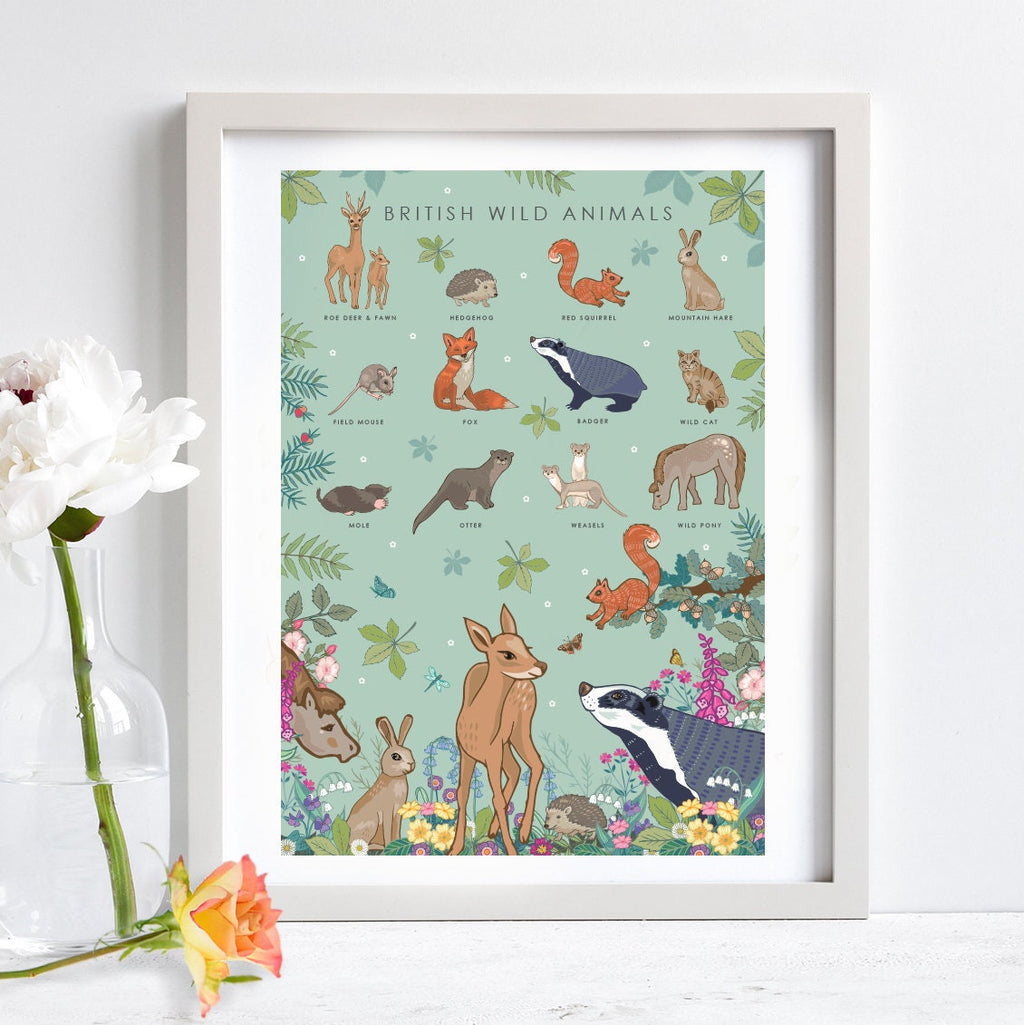 British Wild Animals Nature Guide Wall Art Print