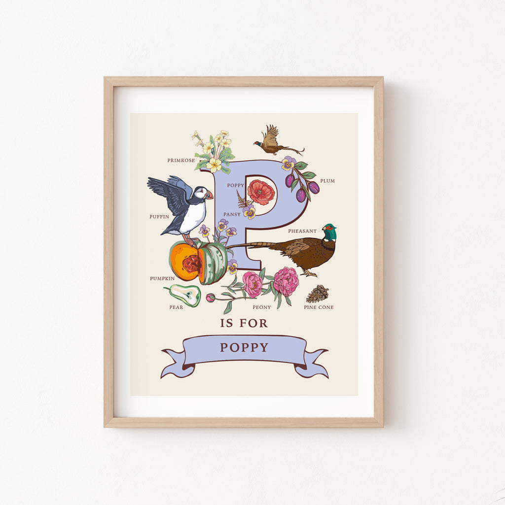P - Personalised Letter P Print, Initial P Wall Art, Nature Guide Monogram Illustration