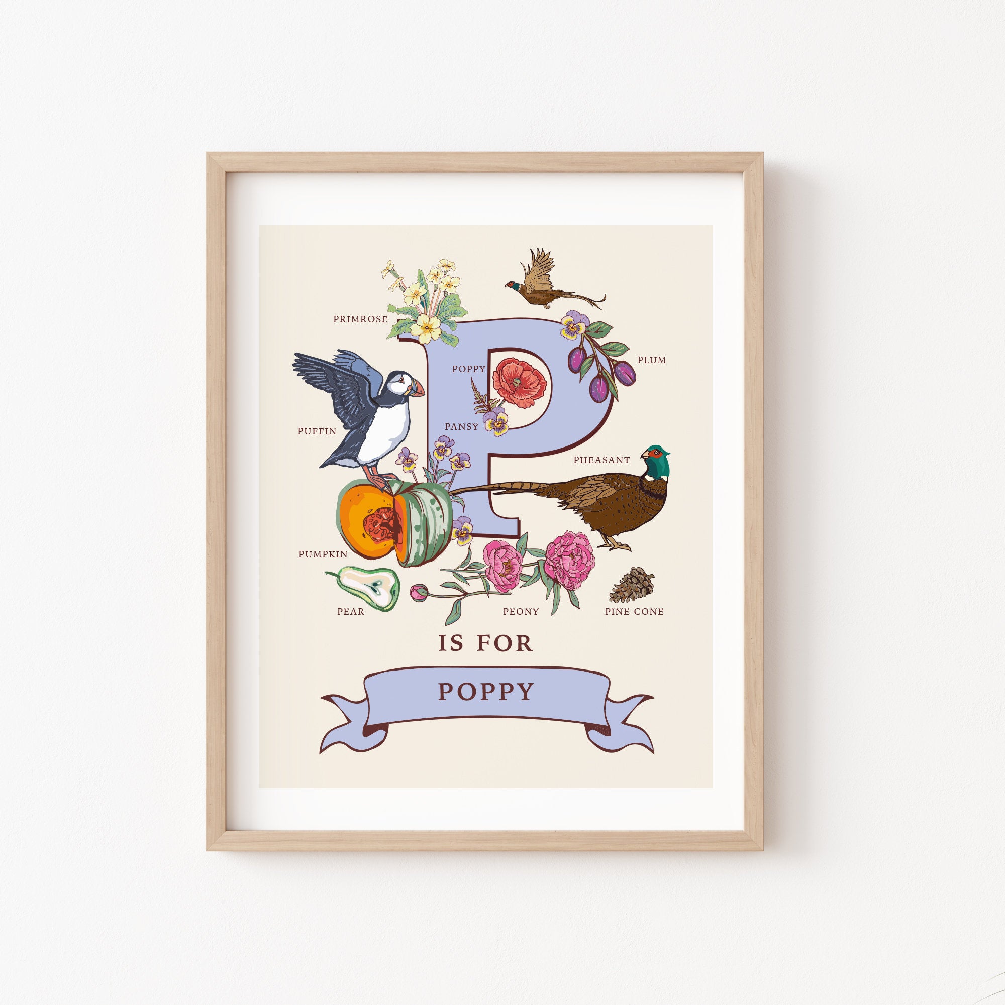 P - Personalised Letter P Print, Initial P Wall Art, Nature Guide Monogram Illustration
