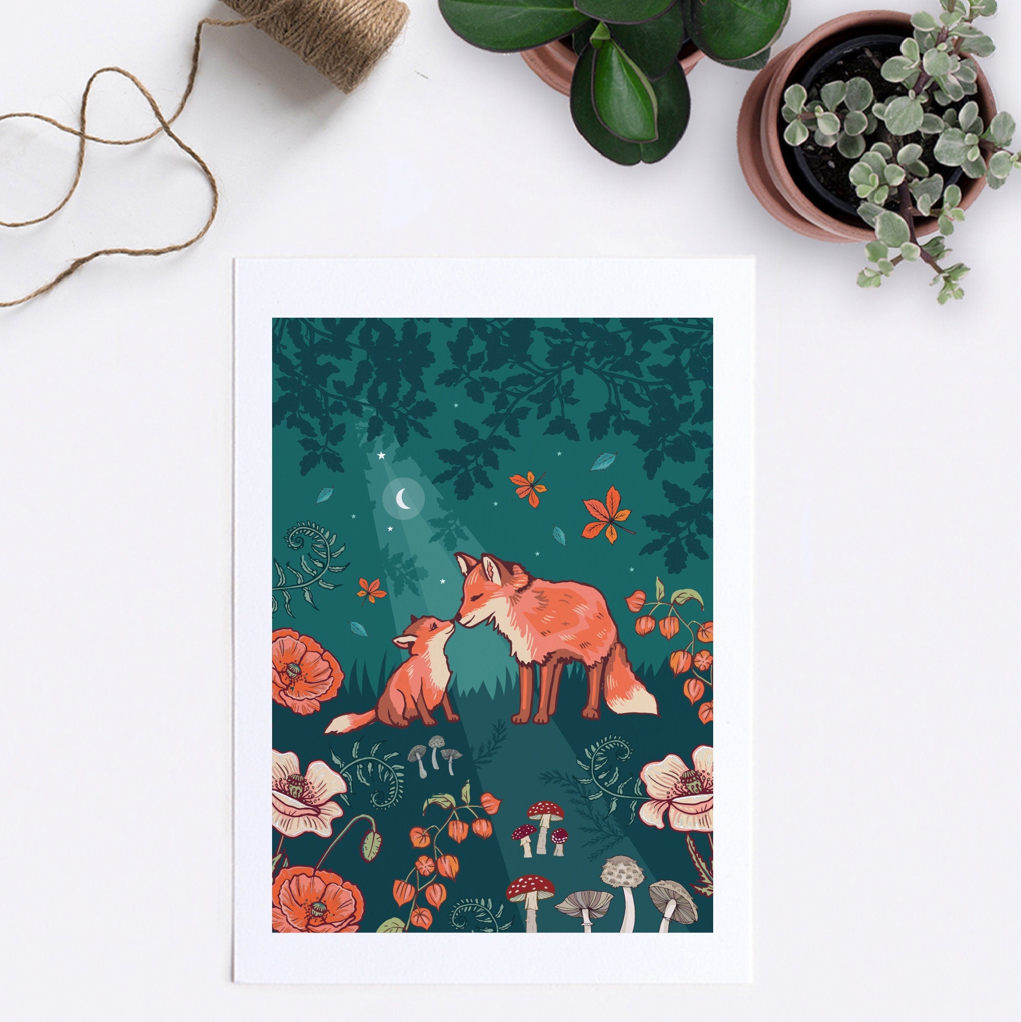 Fox and Cub in Autumn Woodland Nursery Print