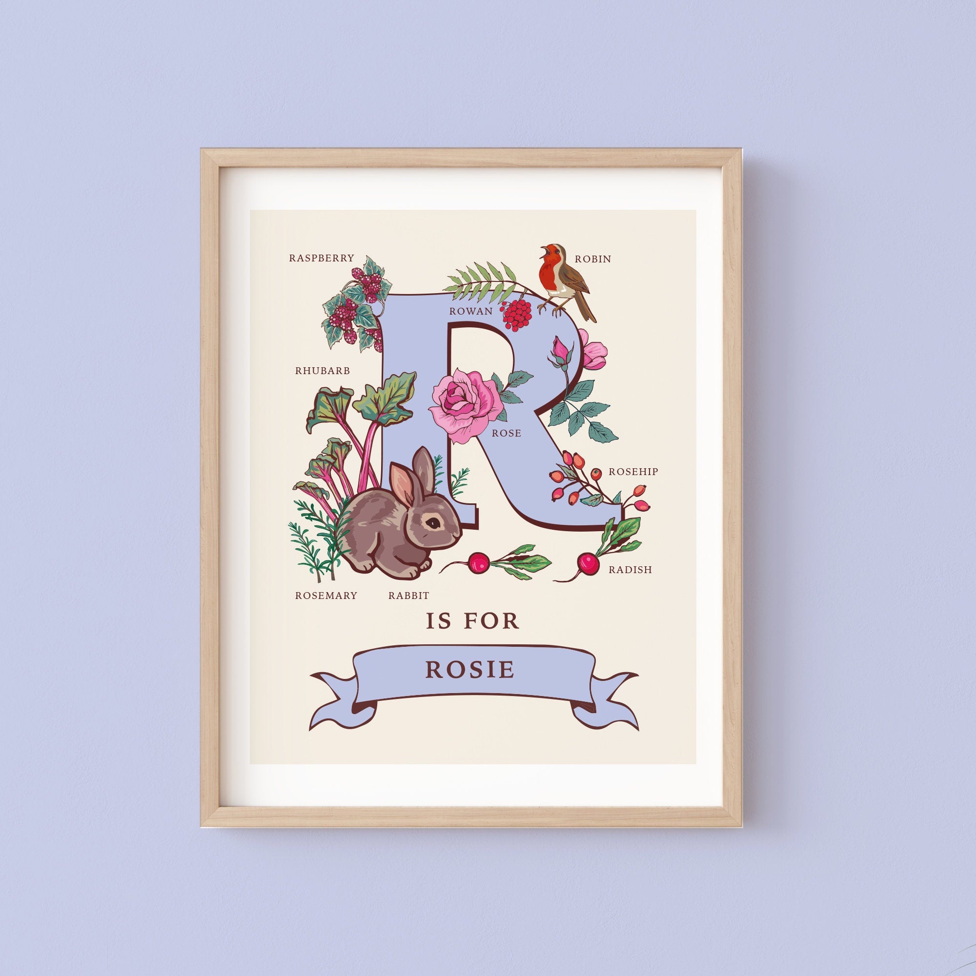 R - Personalised Letter R Print, Initial R Wall Art, Nature Guide Monogram Illustration
