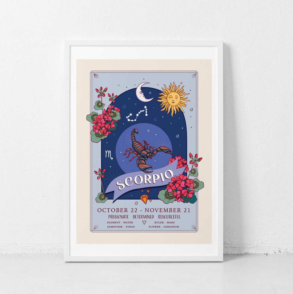 Scorpio Wall Art Print, Zodiac Sign and Flowers Illustration Print