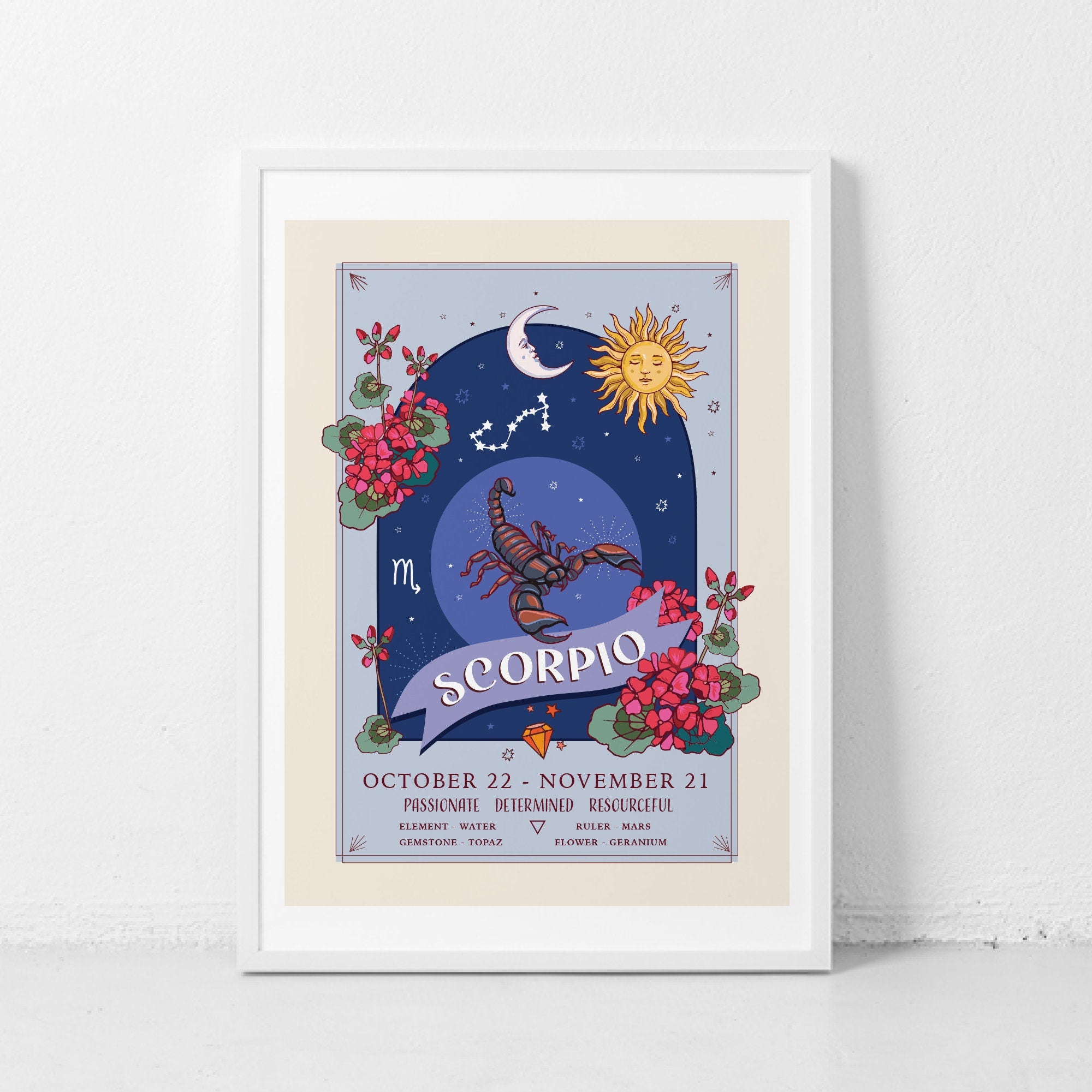 Scorpio Wall Art Print, Zodiac Sign and Flowers Illustration Print