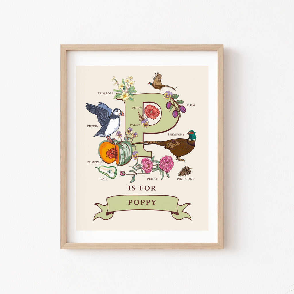 P - Personalised Letter P Print, Initial P Wall Art, Nature Guide Monogram Illustration