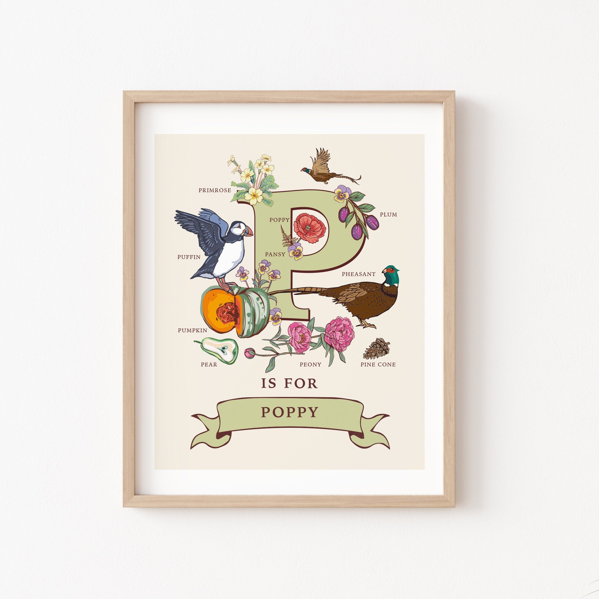 P - Personalised Letter P Print, Initial P Wall Art, Nature Guide Monogram Illustration