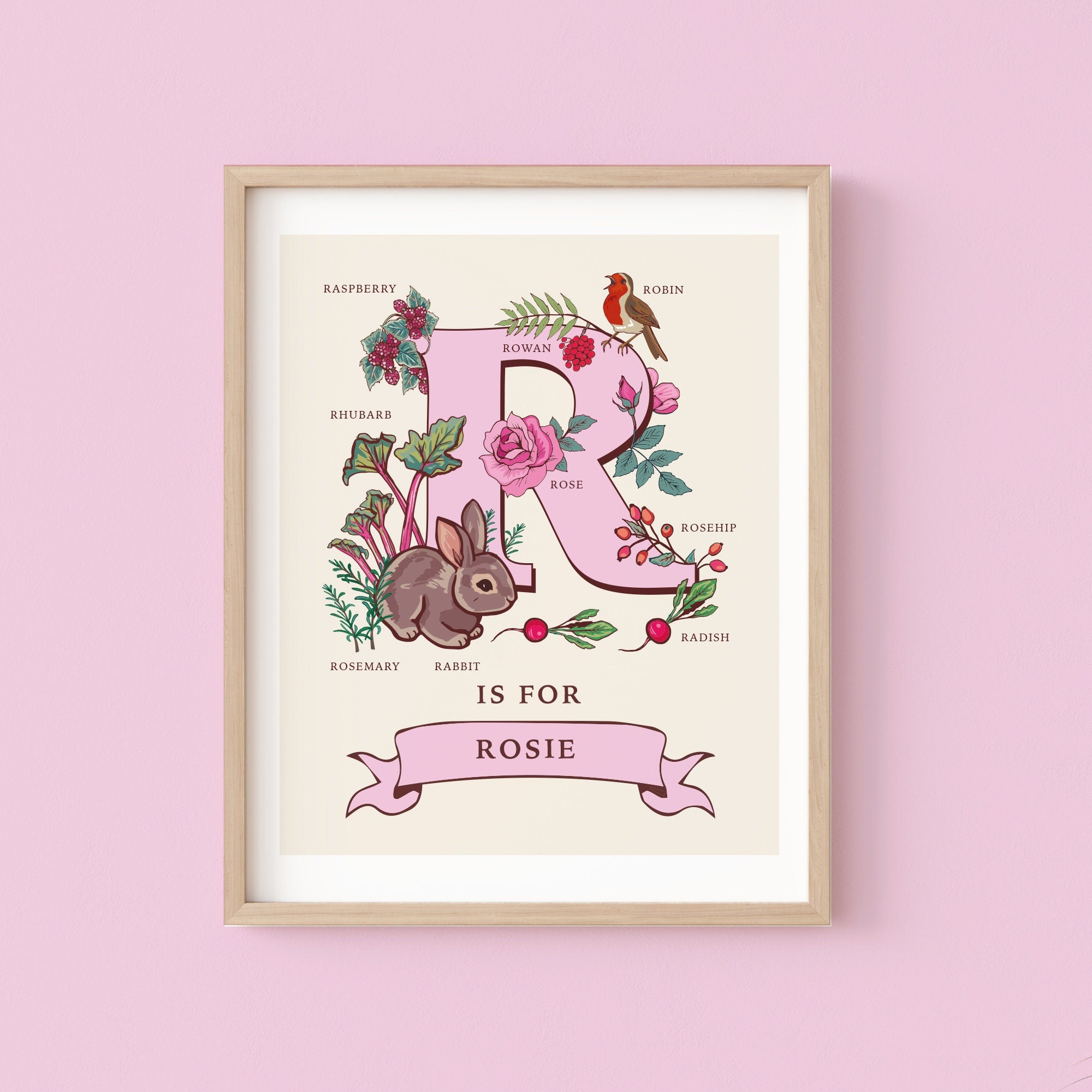 R - Personalised Letter R Print, Initial R Wall Art, Nature Guide Monogram Illustration