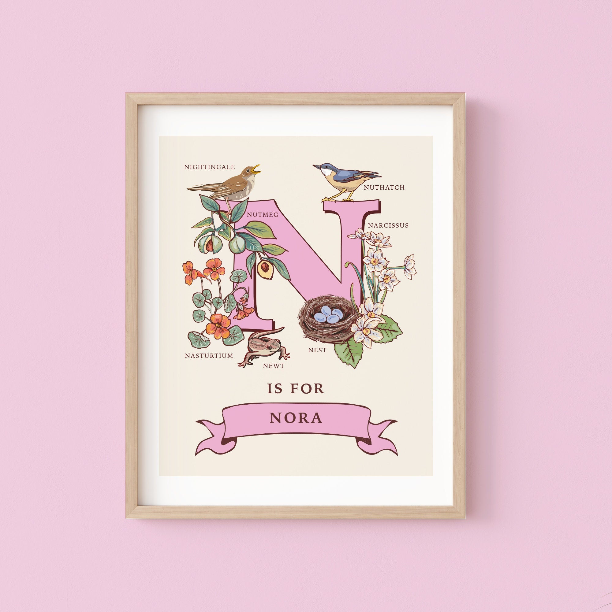 N - Personalised Letter N Print, Initial N Wall Art, Nature Guide Monogram Illustration