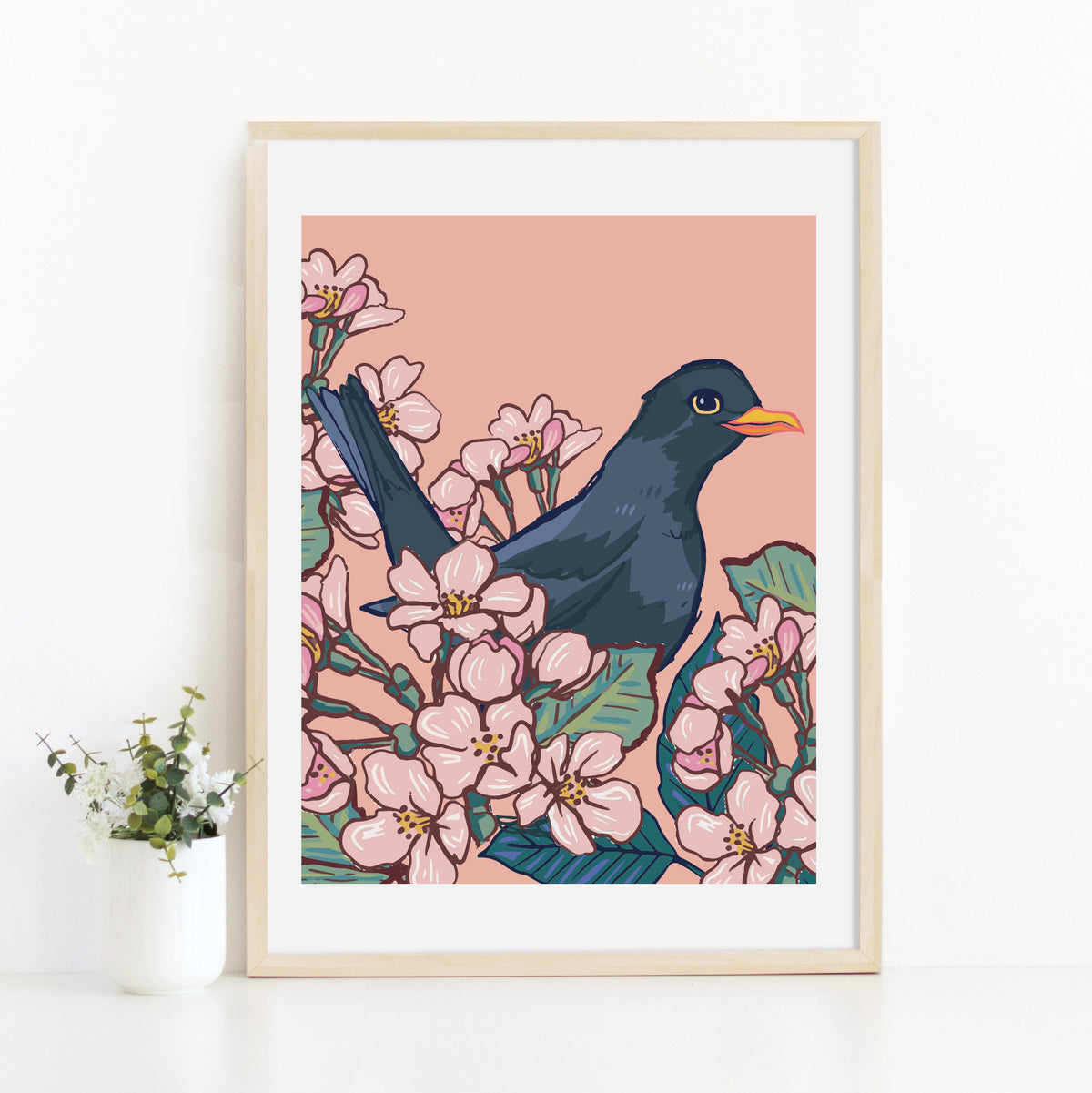 Blackbird in the Cherry Blossom Wall Art Print