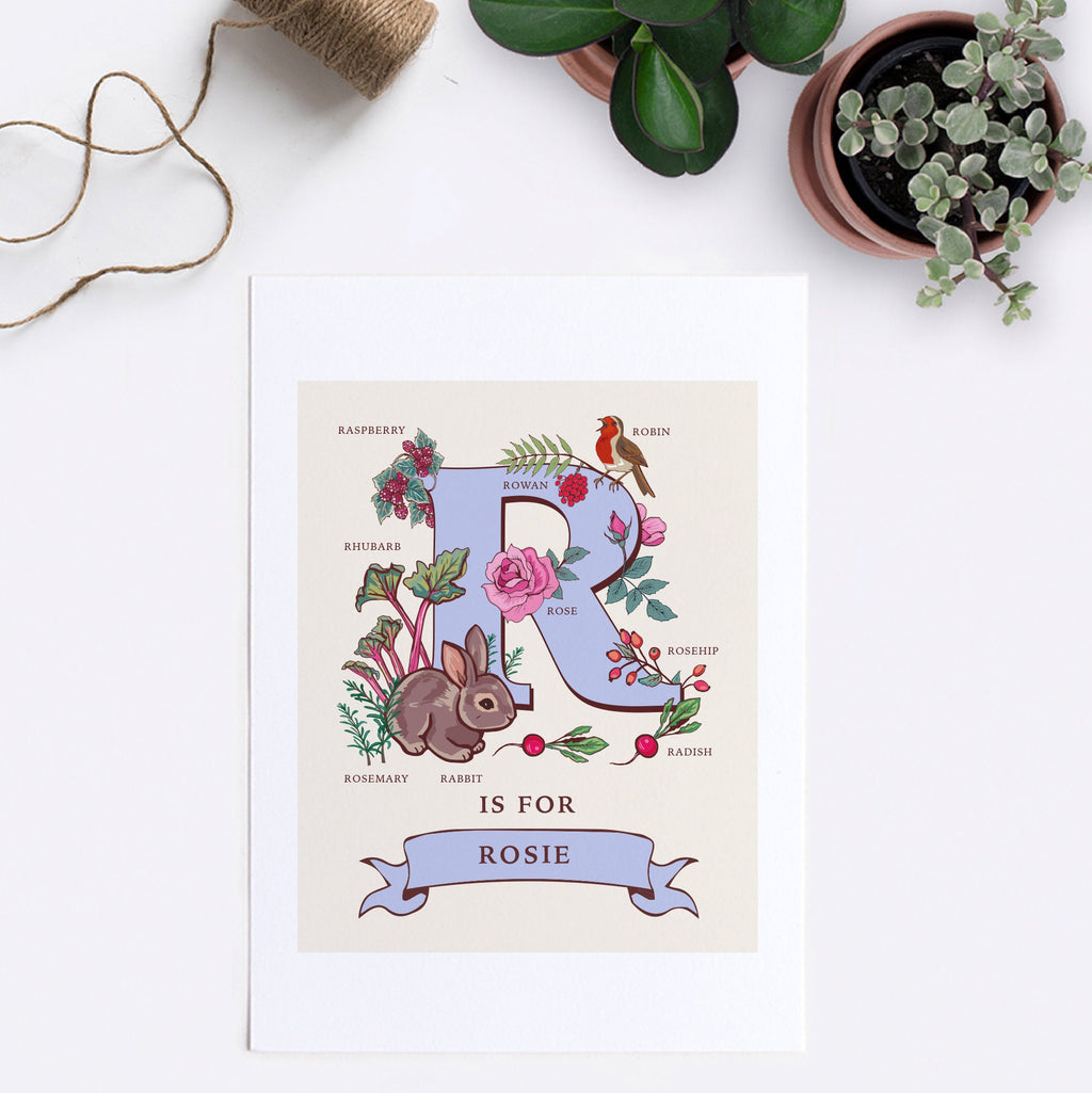 R - Personalised Letter R Print, Initial R Wall Art, Nature Guide Monogram Illustration