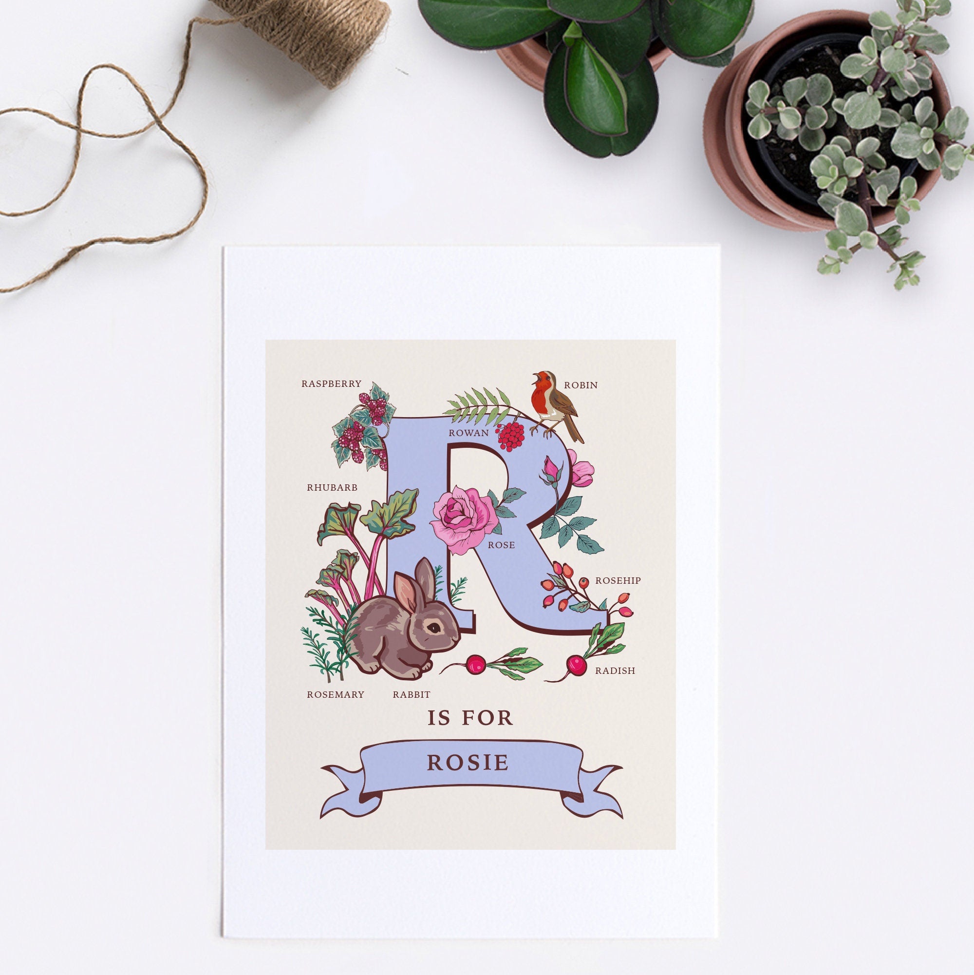 R - Personalised Letter R Print, Initial R Wall Art, Nature Guide Monogram Illustration