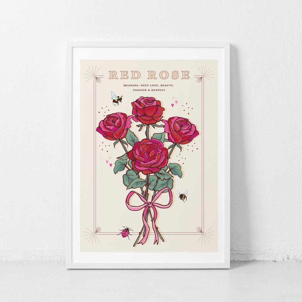 Red Rose Wall Art Print, Flower Meaning Illustration Print