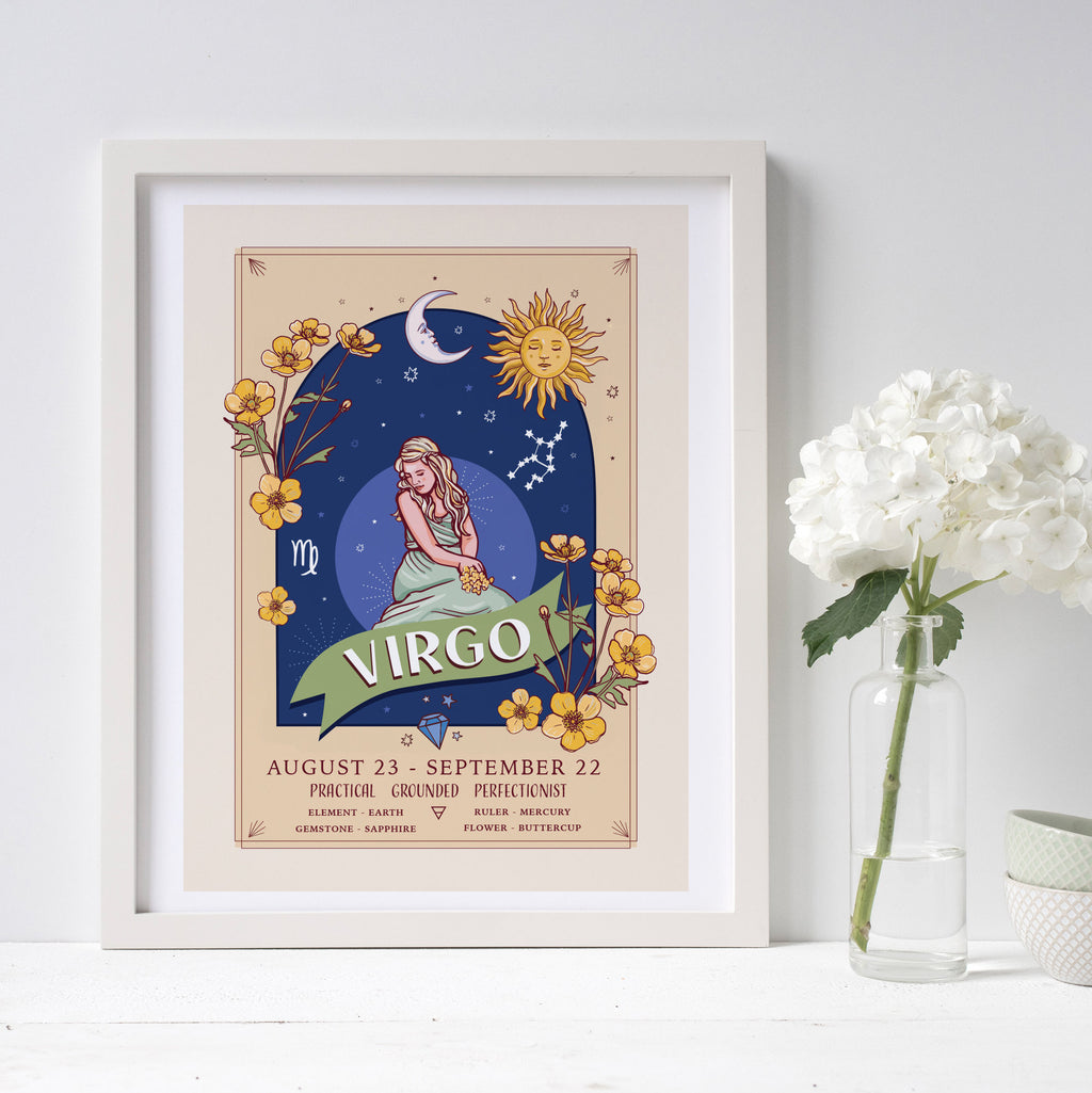 Virgo Wall Art Print, Zodiac Sign and Flowers Illustration Print