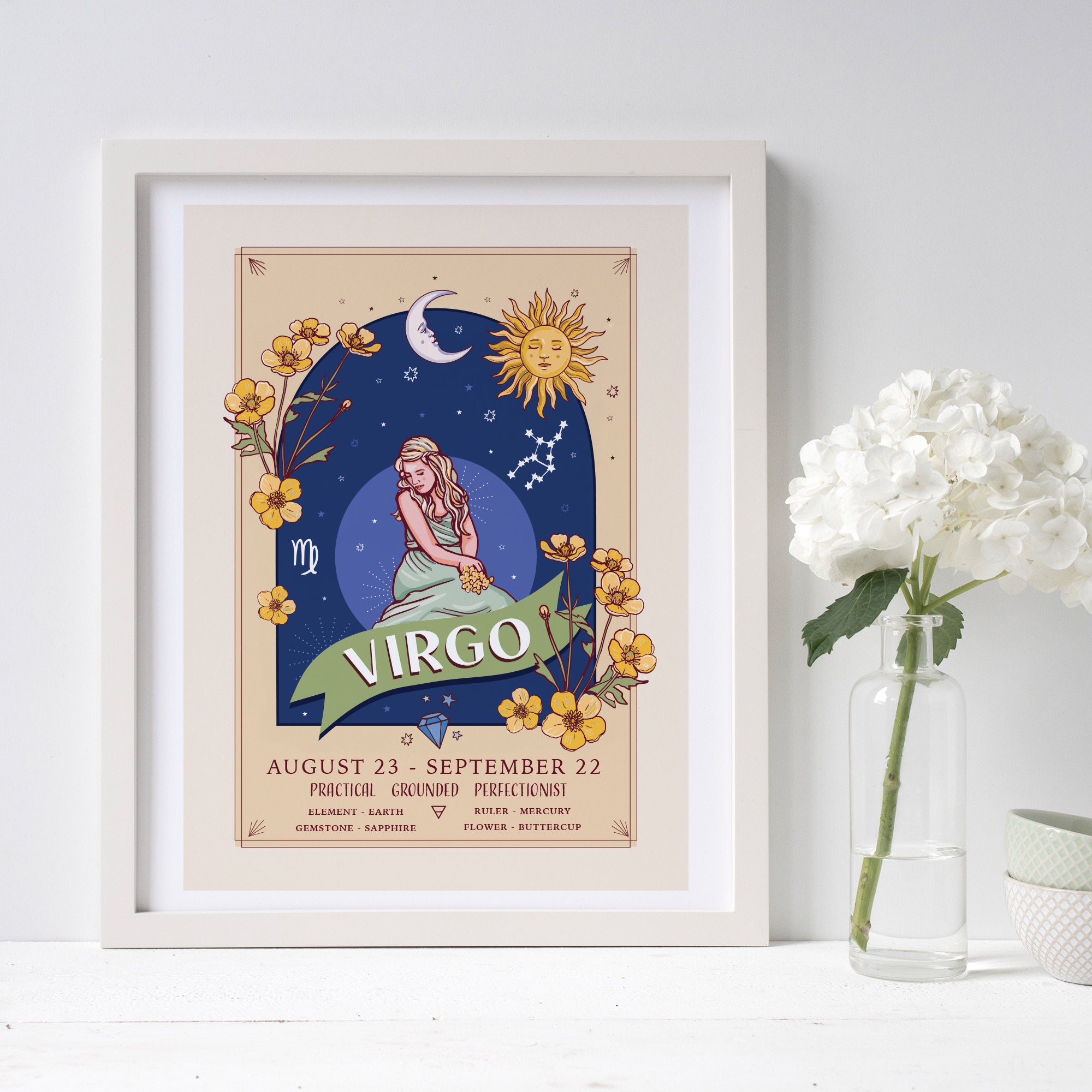 Virgo Wall Art Print, Zodiac Sign and Flowers Illustration Print