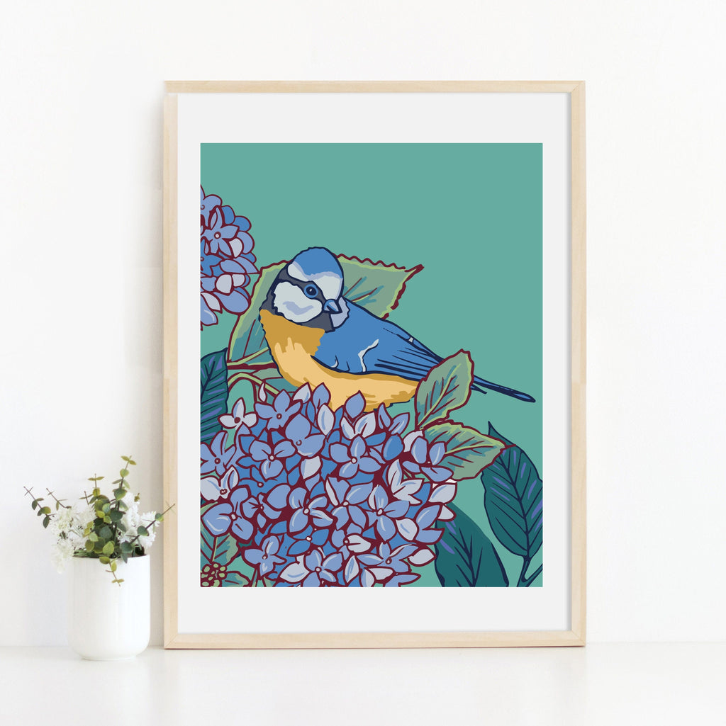 Blue Tit and Hydrangea Wall Art Print