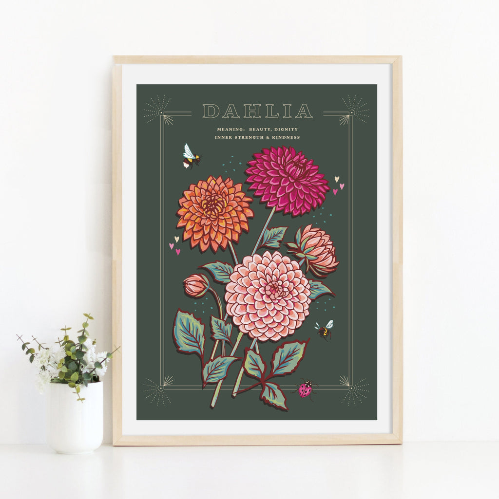 Dahlia Wall Art Print, Flower Meaning Illustration Print