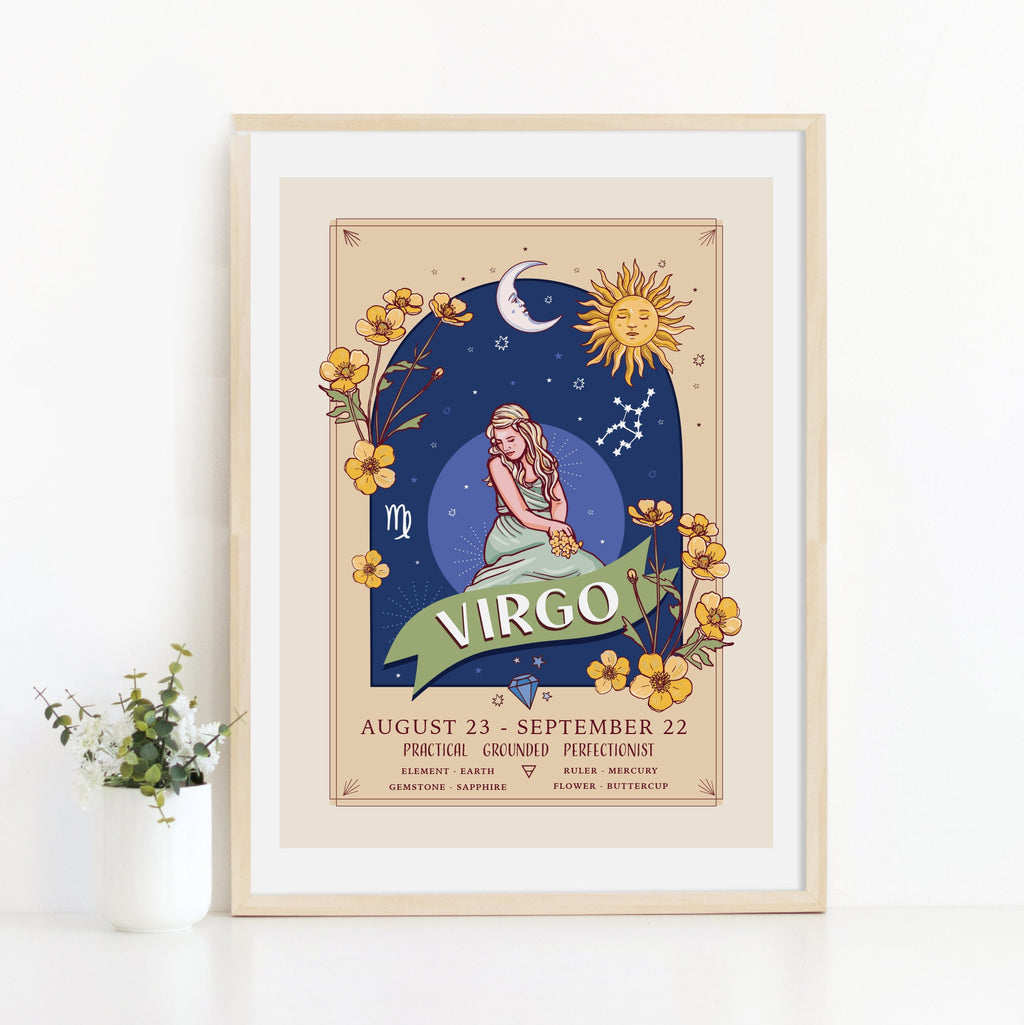 Virgo Wall Art Print, Zodiac Sign and Flowers Illustration Print