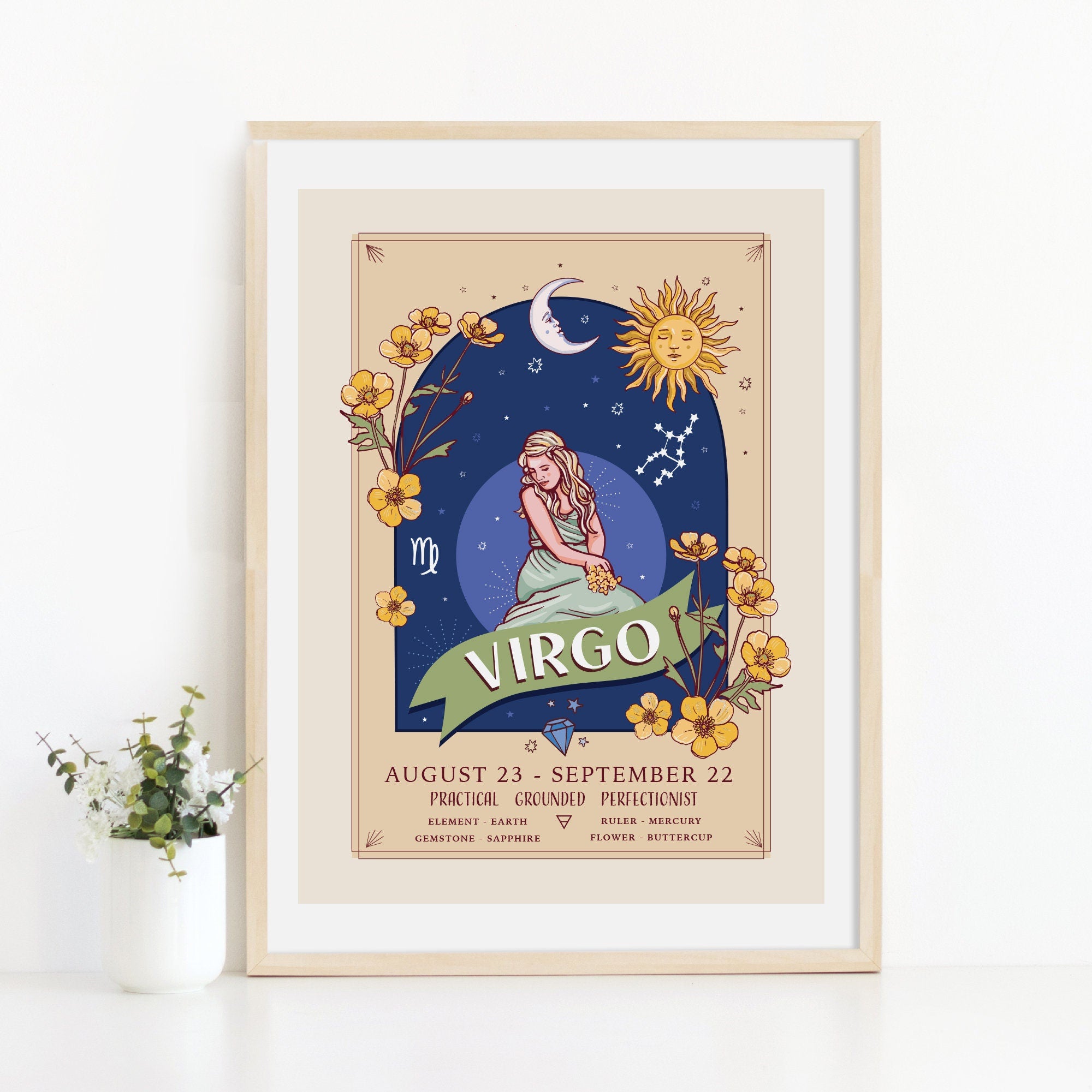 Virgo Wall Art Print, Zodiac Sign and Flowers Illustration Print