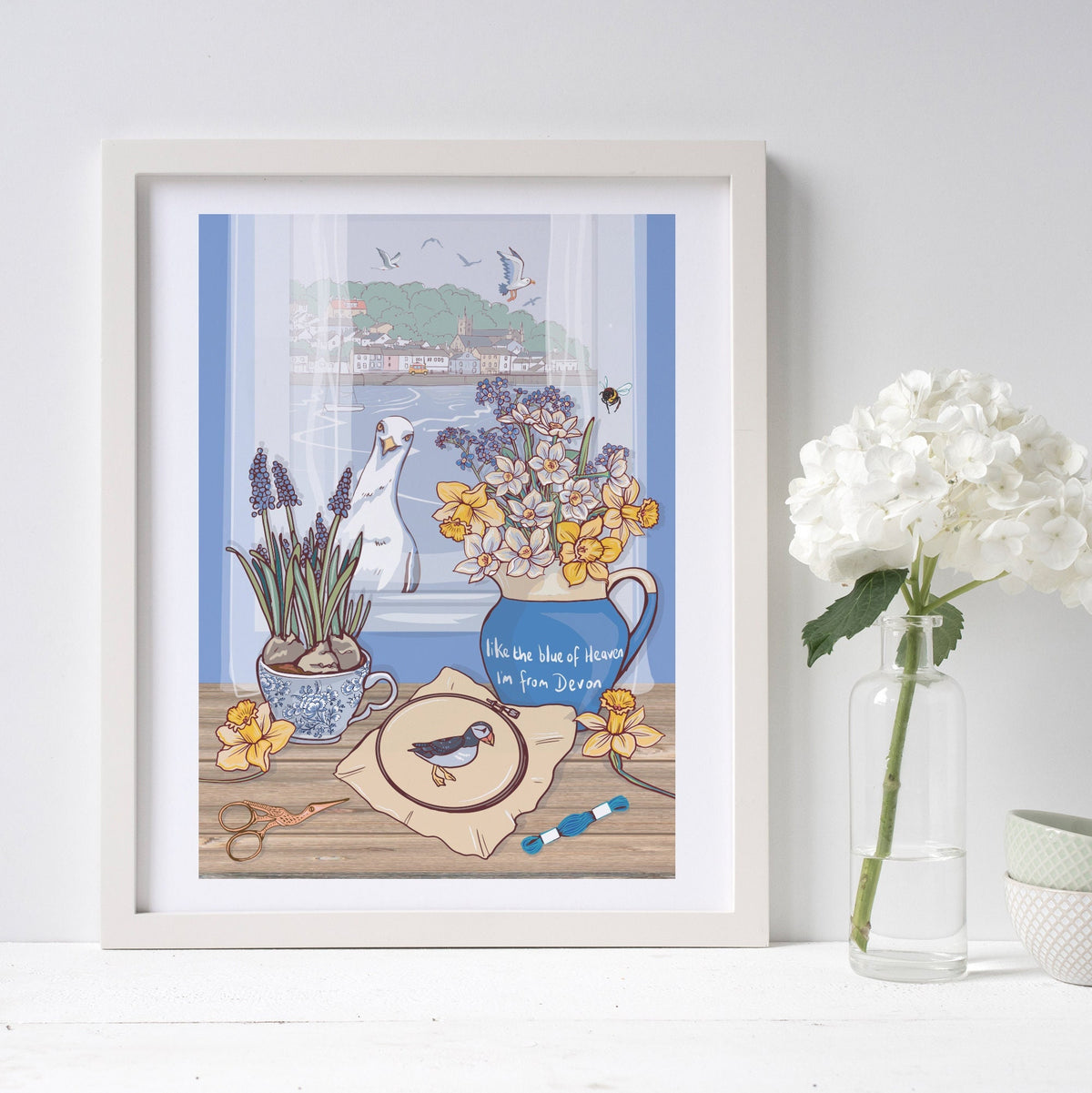 Devon Blue Jug Spring Flowers Wall Art Print, Coastal Seagull Illustration
