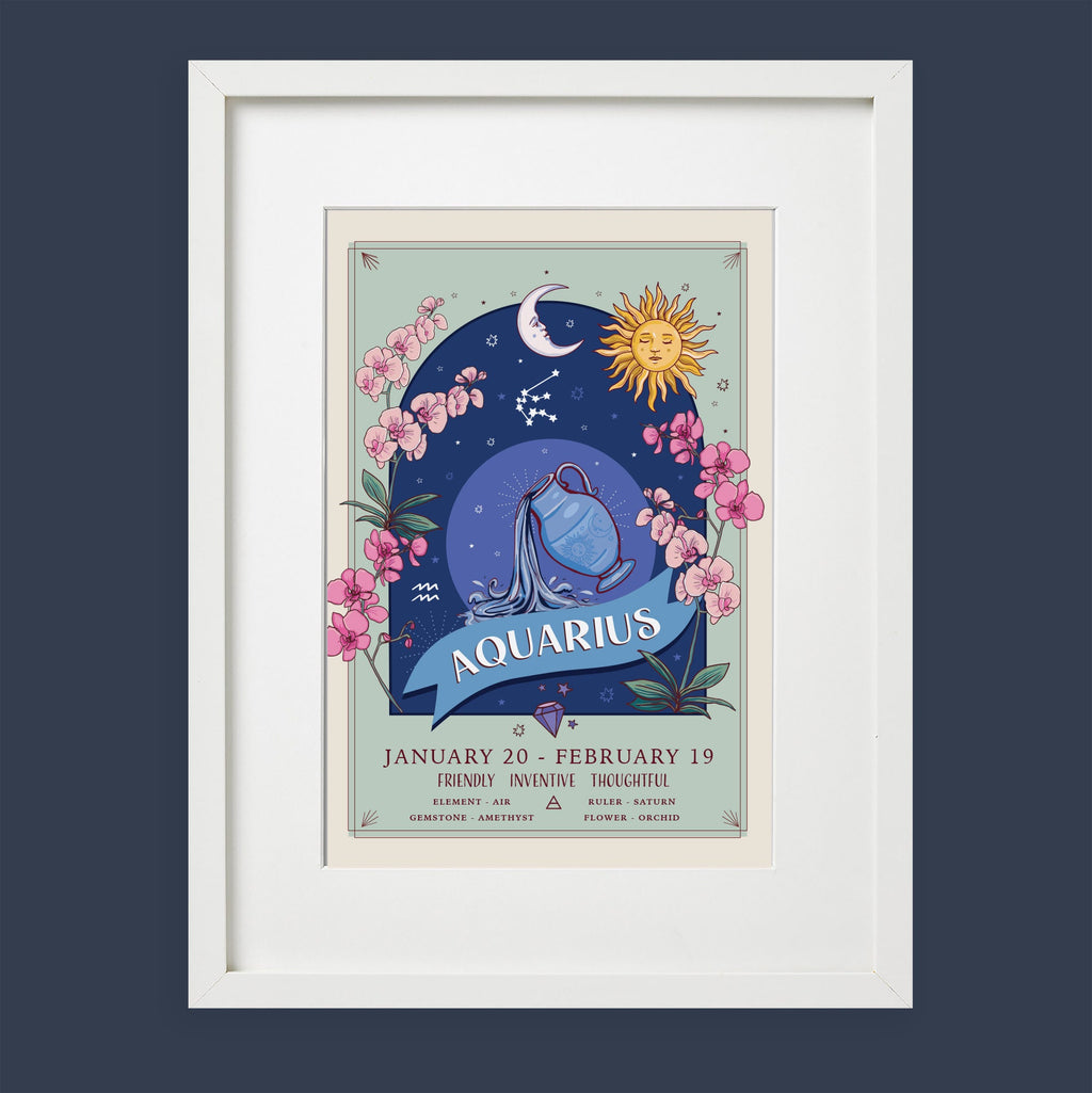 Aquarius Wall Art Print, Zodiac Sign and Flowers Illustration Print