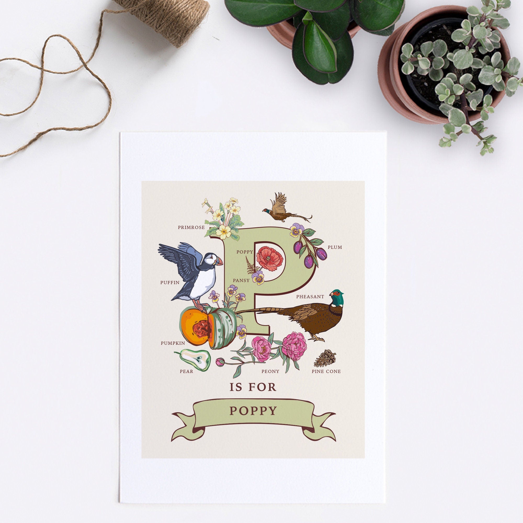 P - Personalised Letter P Print, Initial P Wall Art, Nature Guide Monogram Illustration