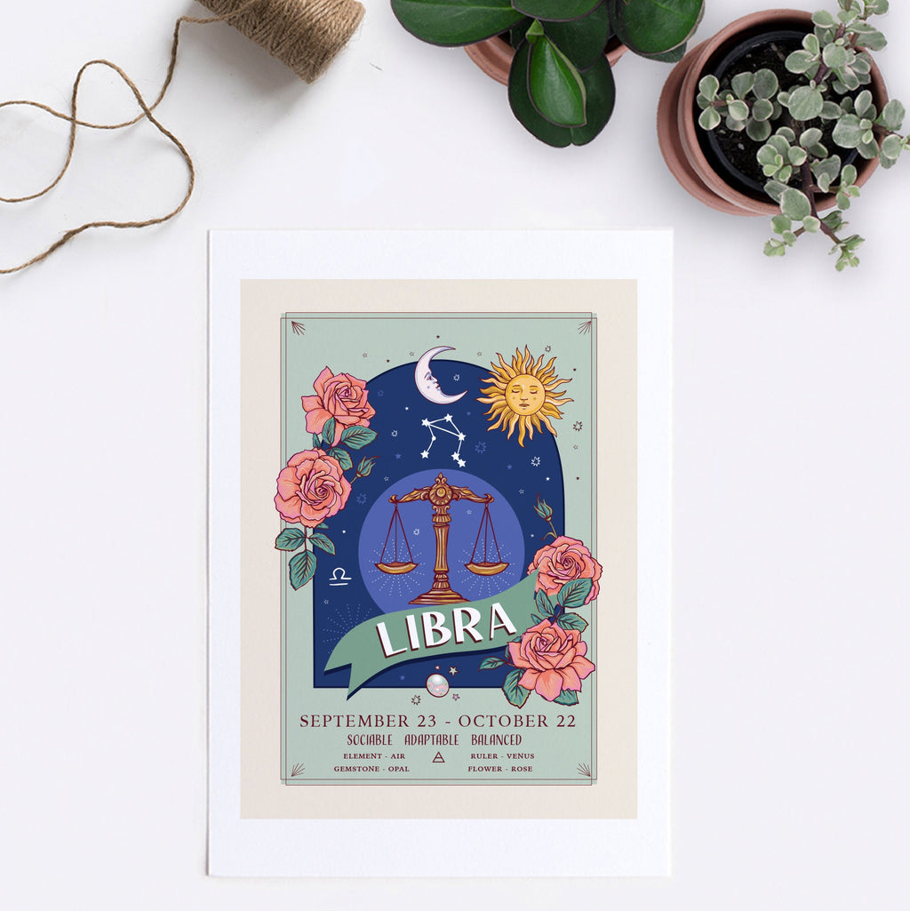 Libra Wall Art Print, Zodiac Sign and Flowers Illustration Print