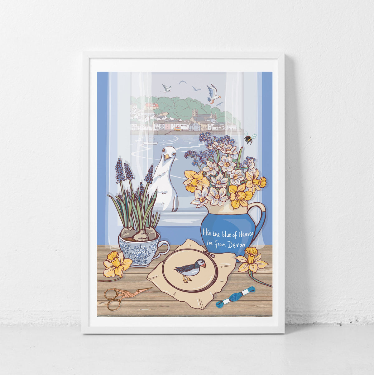 Devon Blue Jug Spring Flowers Wall Art Print, Coastal Seagull Illustration