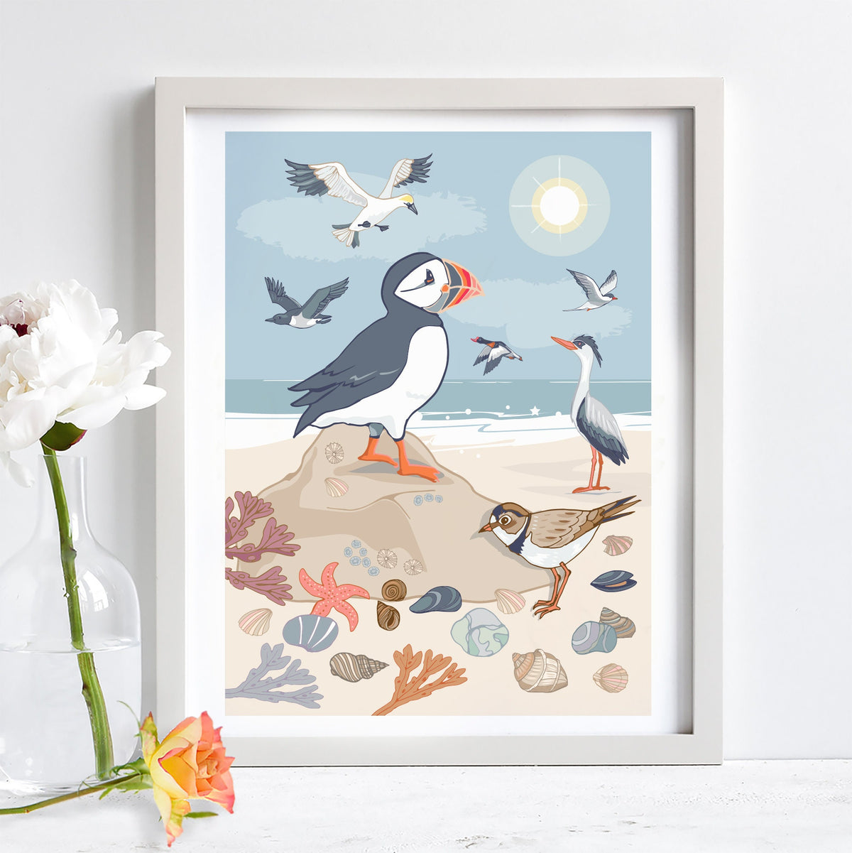 Puffin and Seabirds Wall Art Print, Coastal Birds Illustration Print