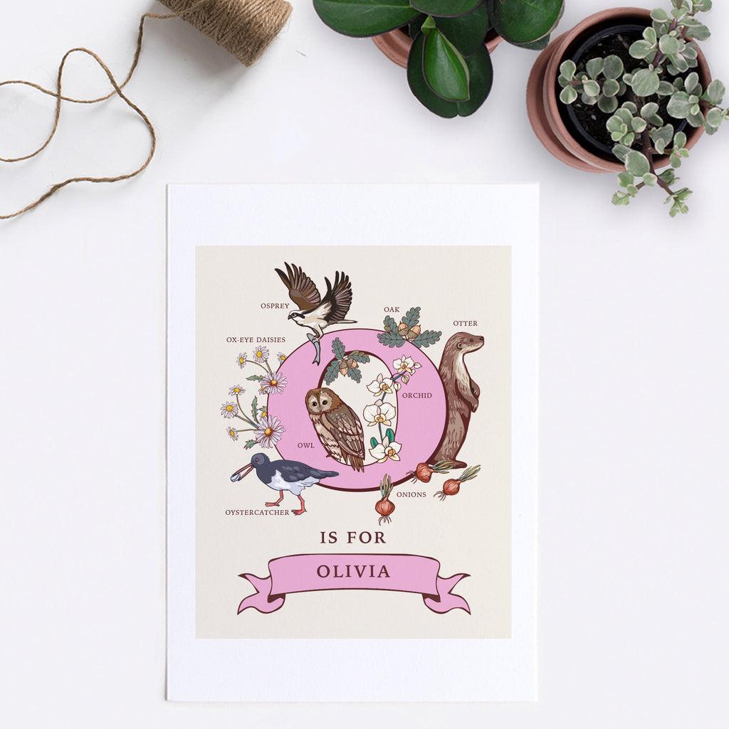 O - Personalised Letter O Print, Initial O Wall Art, Nature Guide Monogram Illustration