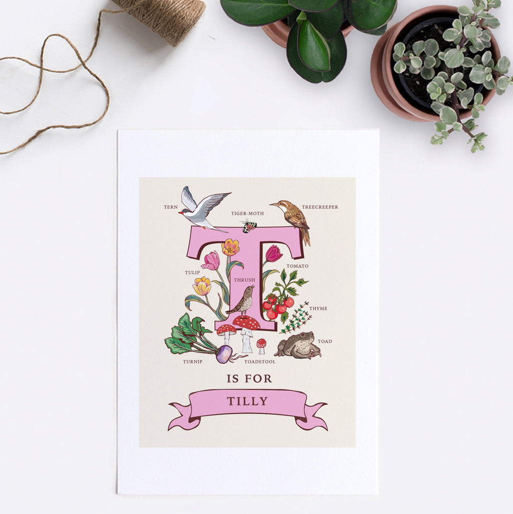 T - Personalised Letter T Print, Initial T Wall Art, Nature Guide Monogram Illustration