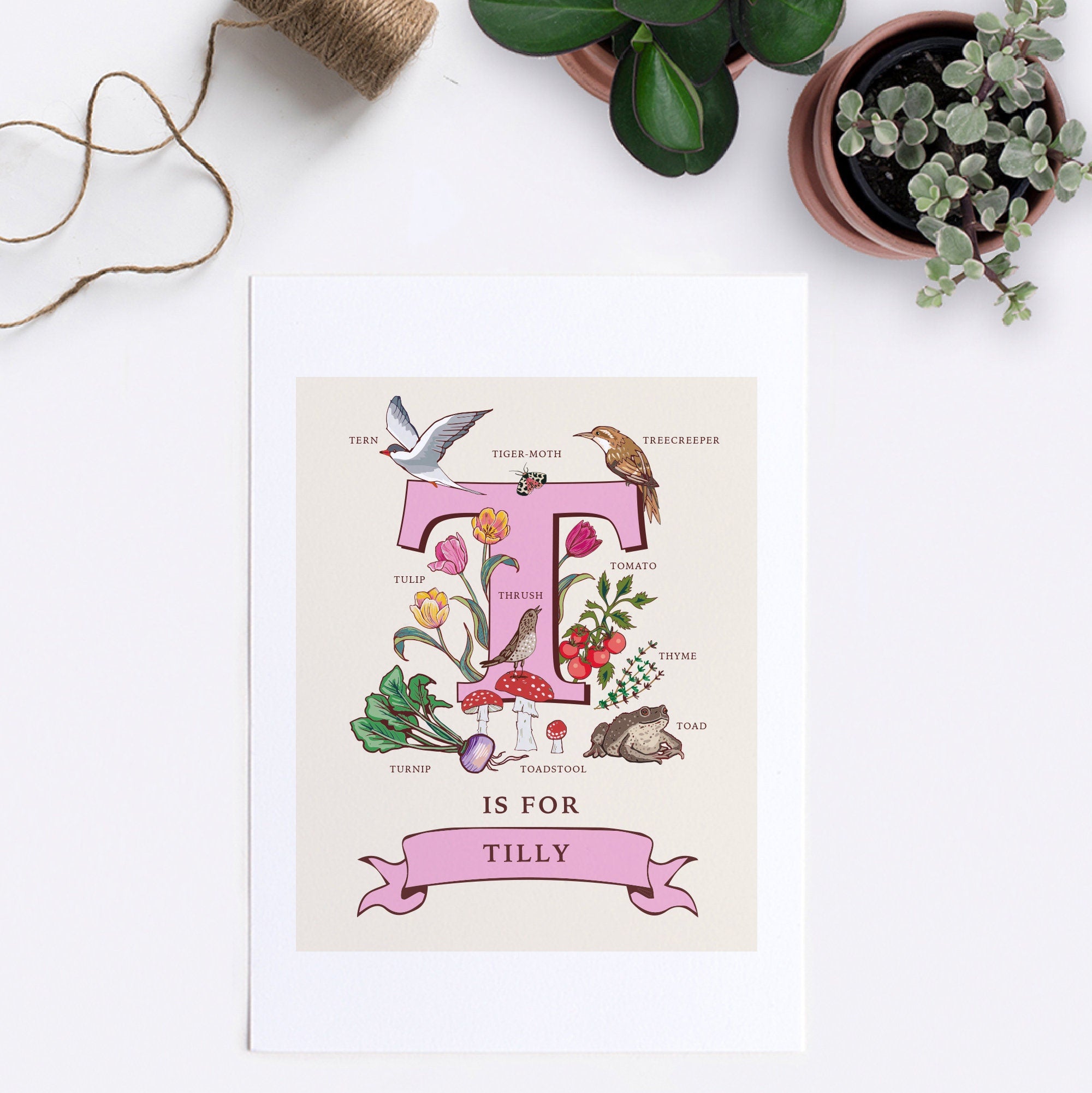 T - Personalised Letter T Print, Initial T Wall Art, Nature Guide Monogram Illustration