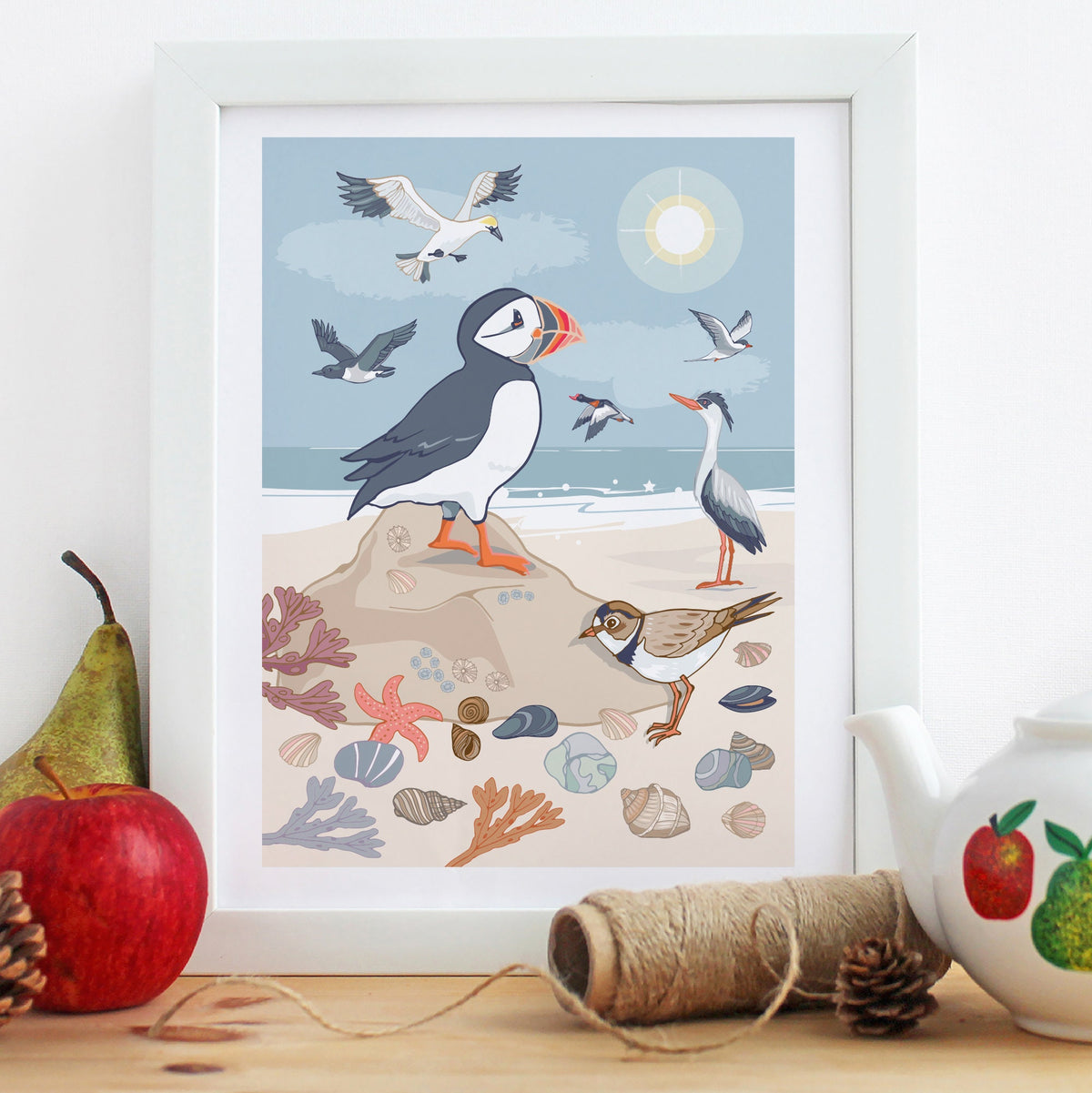 Puffin and Seabirds Wall Art Print, Coastal Birds Illustration Print