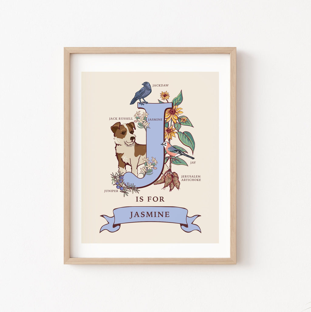 J - Personalised Letter J Print, Initial J Wall Art, Nature Guide Monogram Illustration