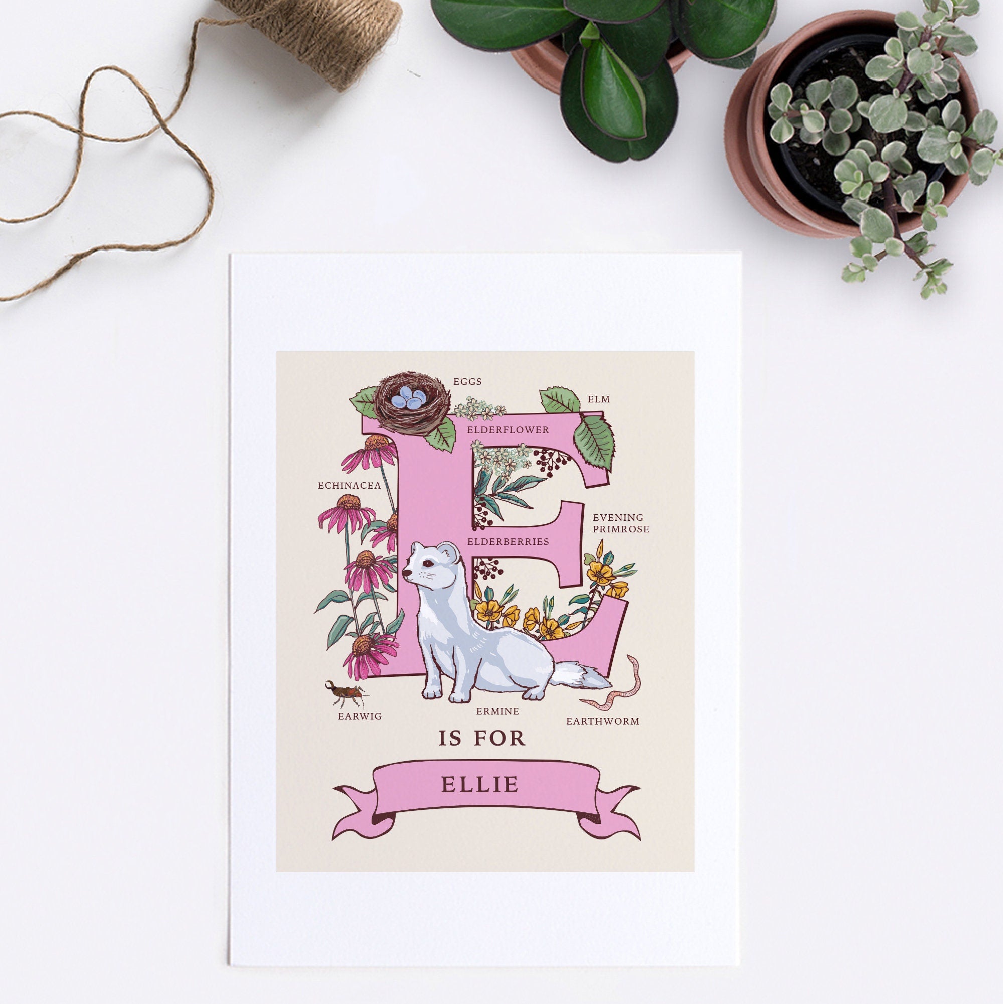 Personalised Monogram Initial Letter E, Nature Guide Wall Art Print