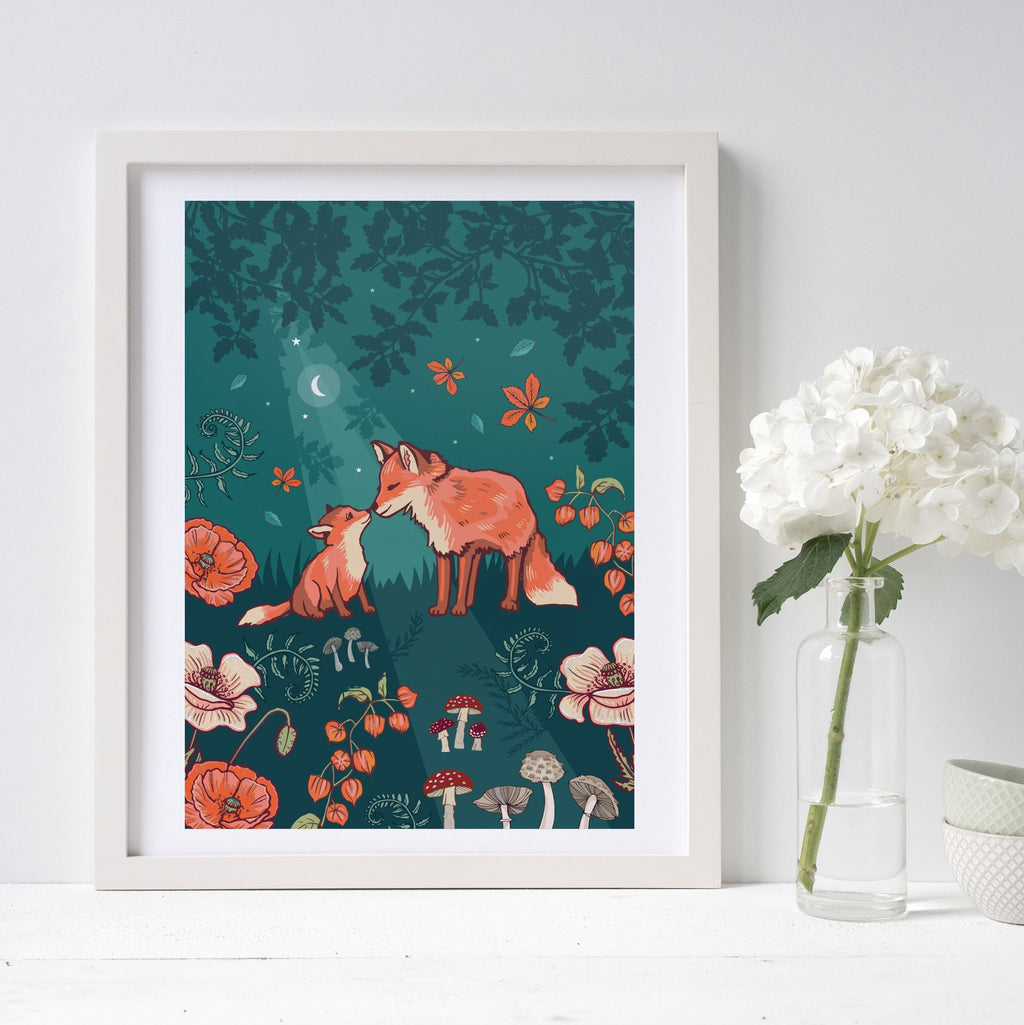 Fox and Cub in Autumn Woodland Nursery Print