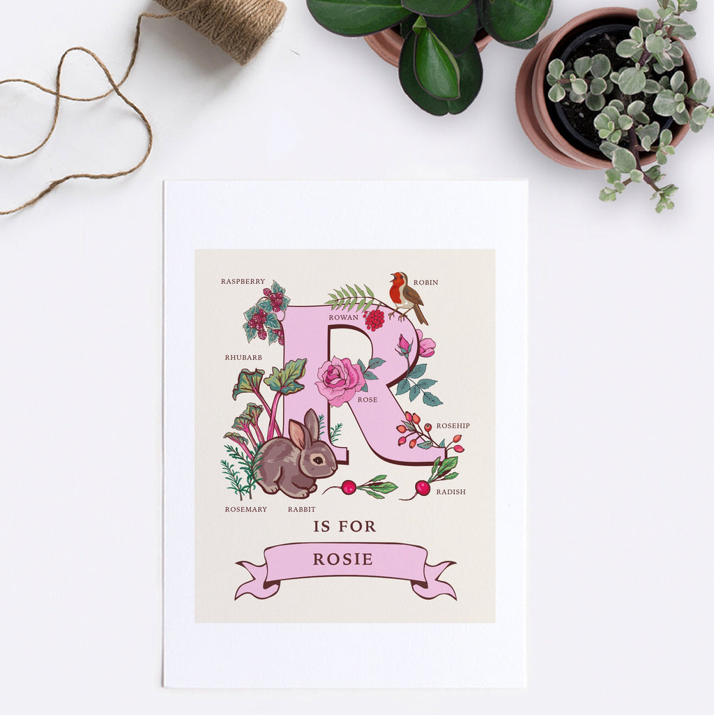 R - Personalised Letter R Print, Initial R Wall Art, Nature Guide Monogram Illustration