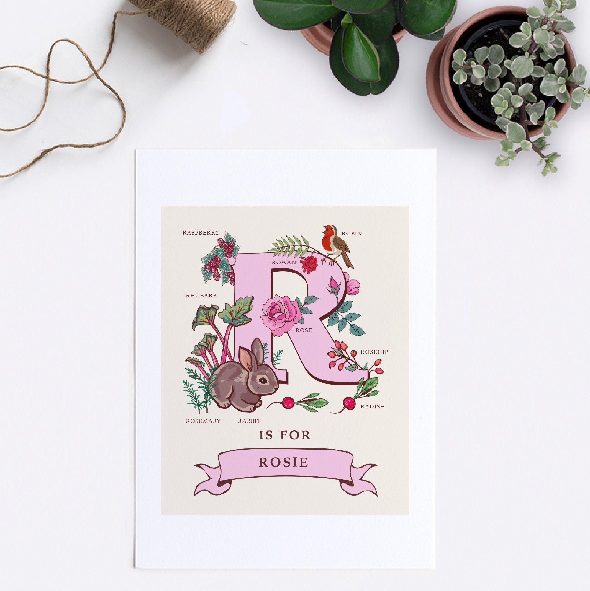 R - Personalised Letter R Print, Initial R Wall Art, Nature Guide Monogram Illustration