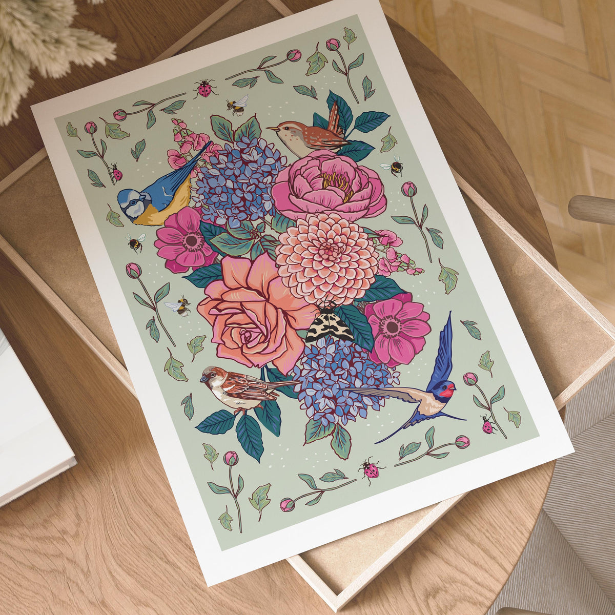 Summer Flowers and Birds Print, Bright Floral Cottage Core Wall Art